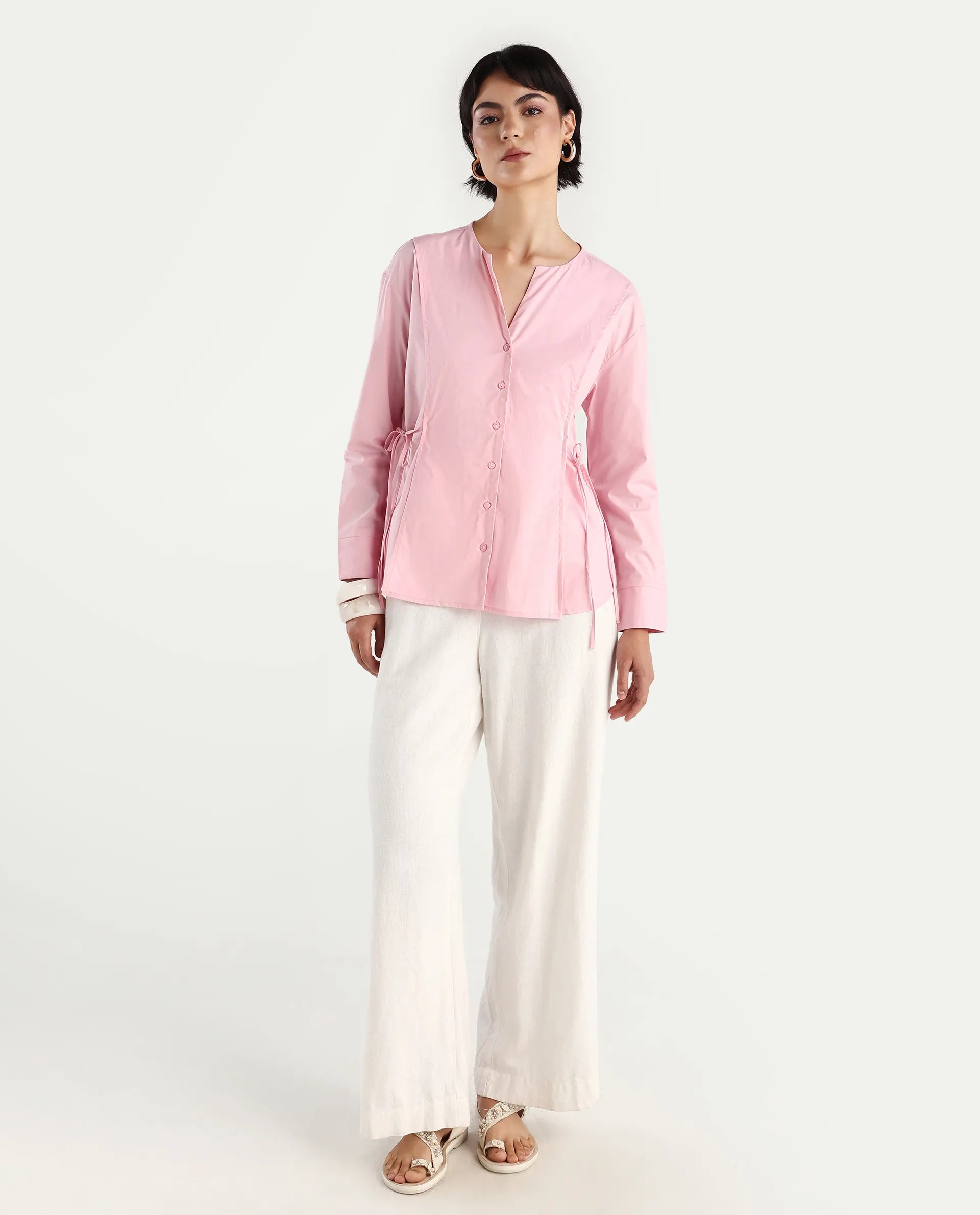 Rareism Women's Juniv Light Pink Cotton Blend Crew Neck Plain Cuffed Sleeve Regular Fit Top