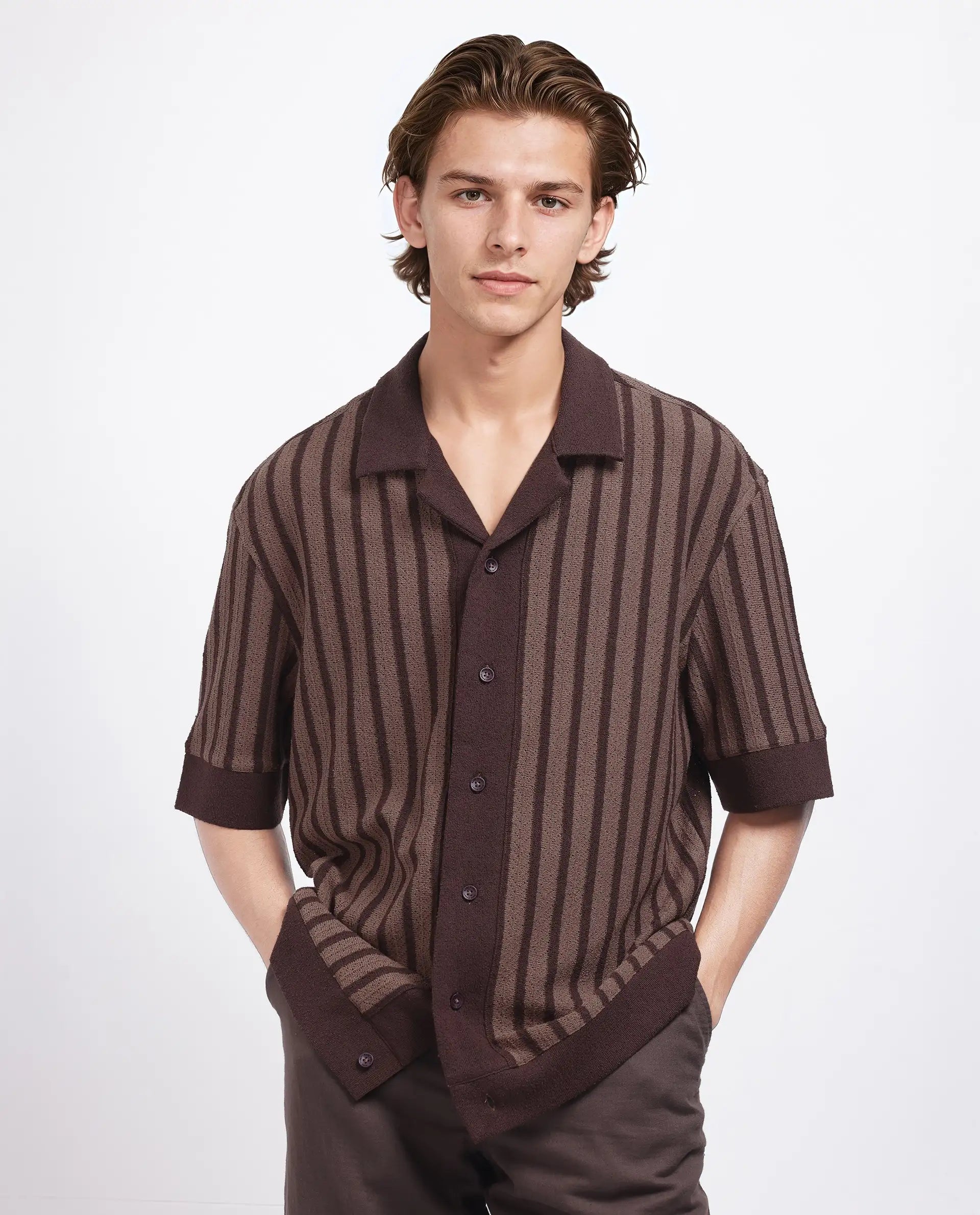 Rare Rabbit Men Juno Dark Brown Short Sleeve Cuban Collar Boxy Fit Striped Shirt