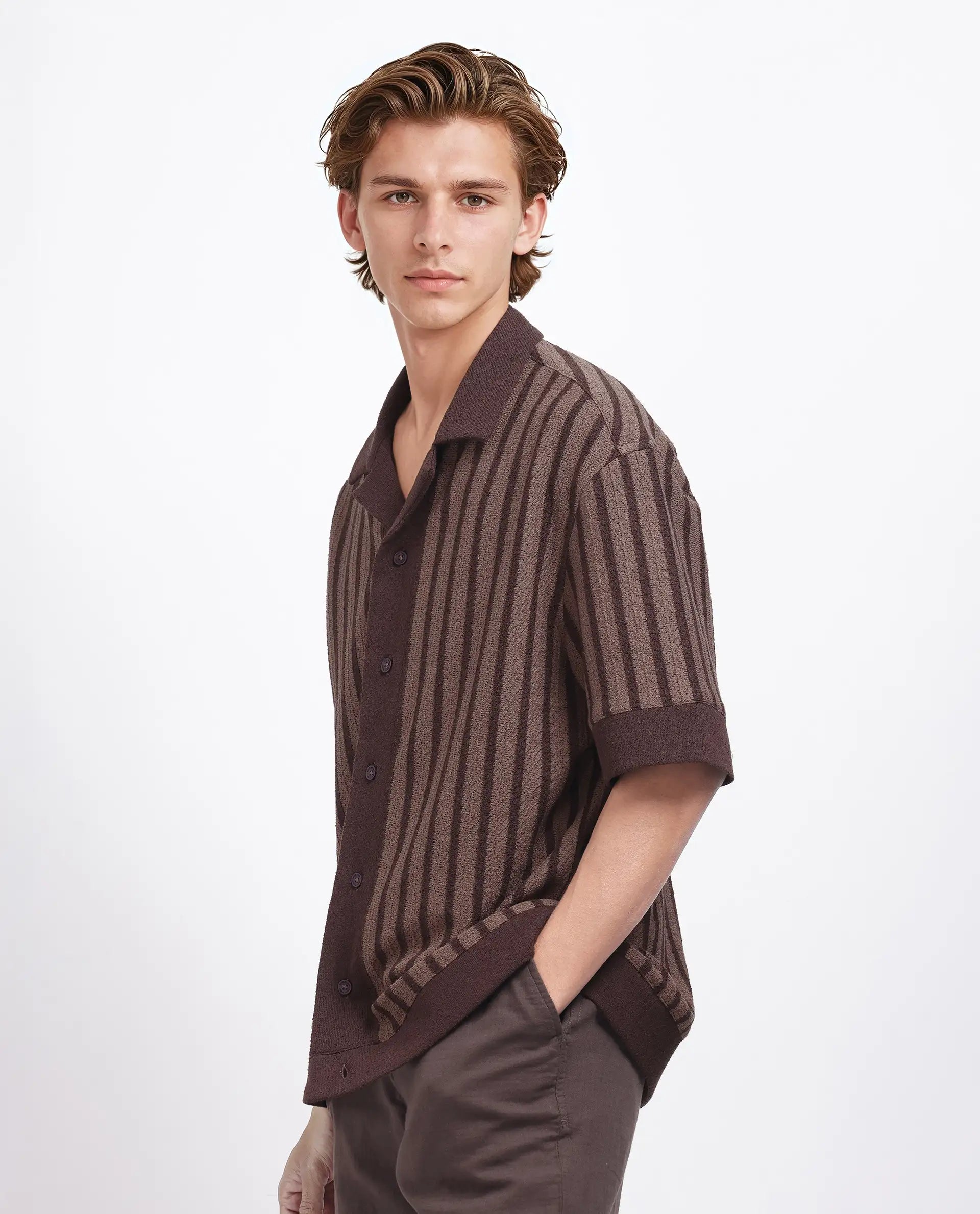 Rare Rabbit Men Juno Dark Brown Short Sleeve Cuban Collar Boxy Fit Striped Shirt