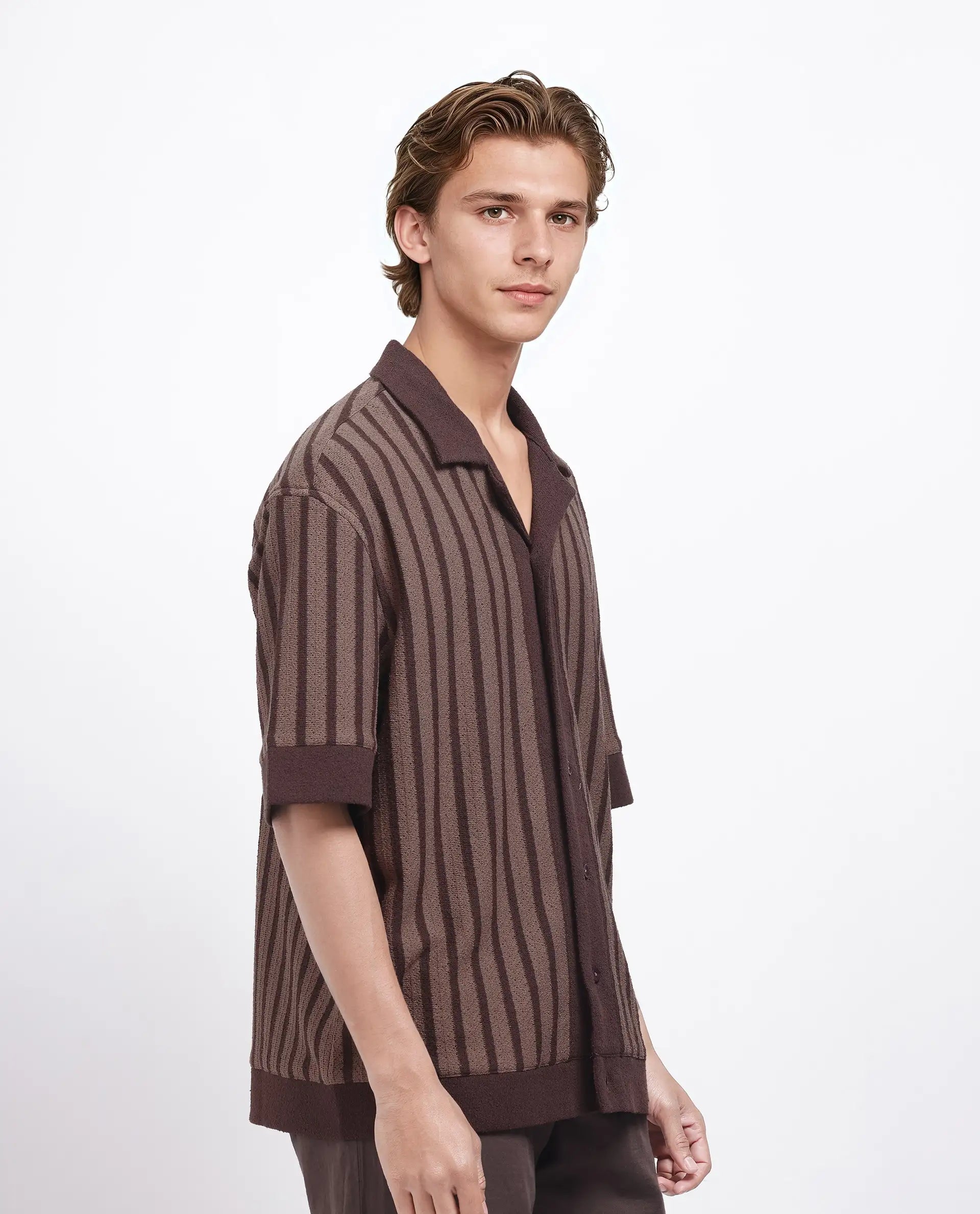 Rare Rabbit Men Juno Dark Brown Short Sleeve Cuban Collar Boxy Fit Striped Shirt