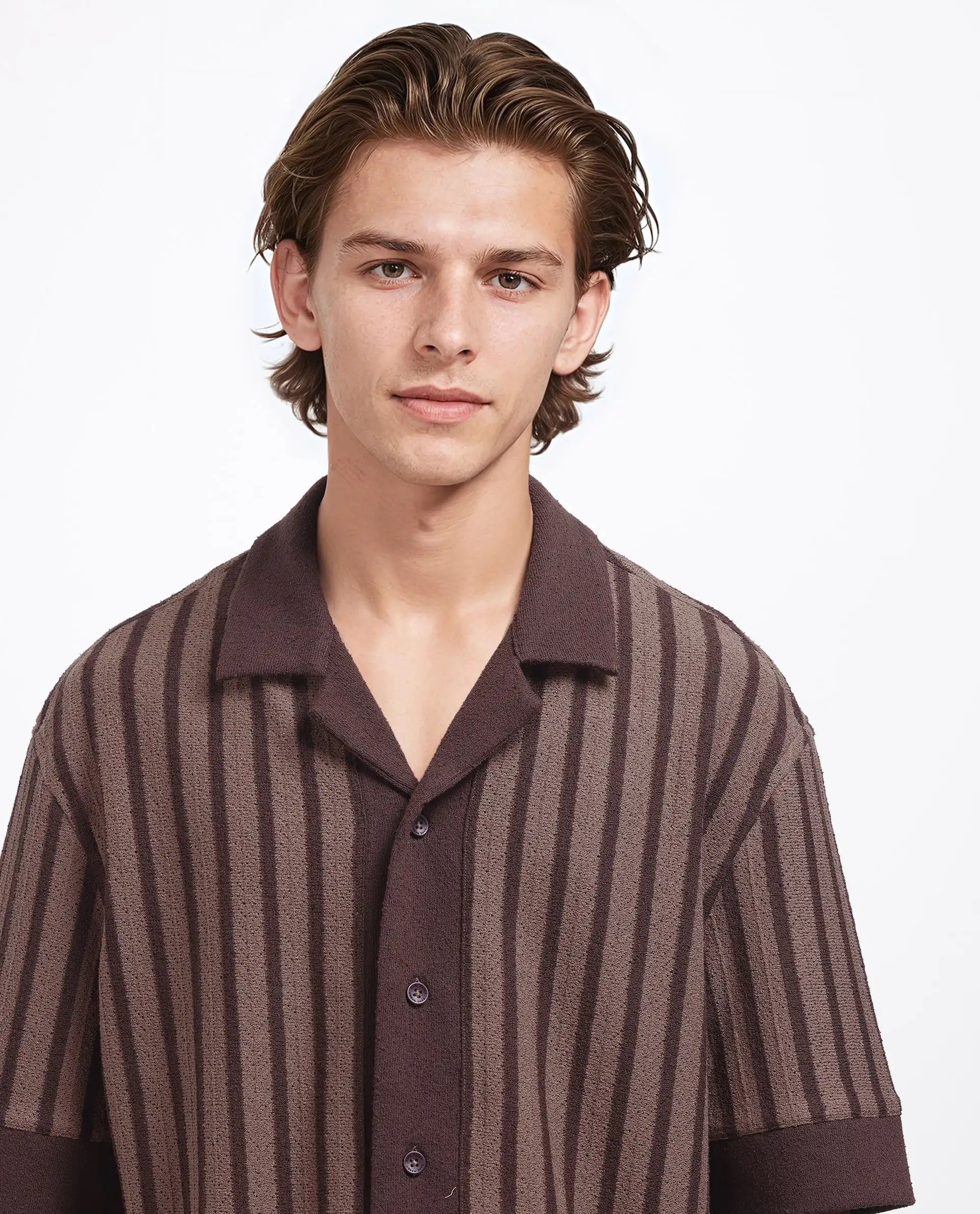 Rare Rabbit Men Juno Dark Brown Short Sleeve Cuban Collar Boxy Fit Striped Shirt