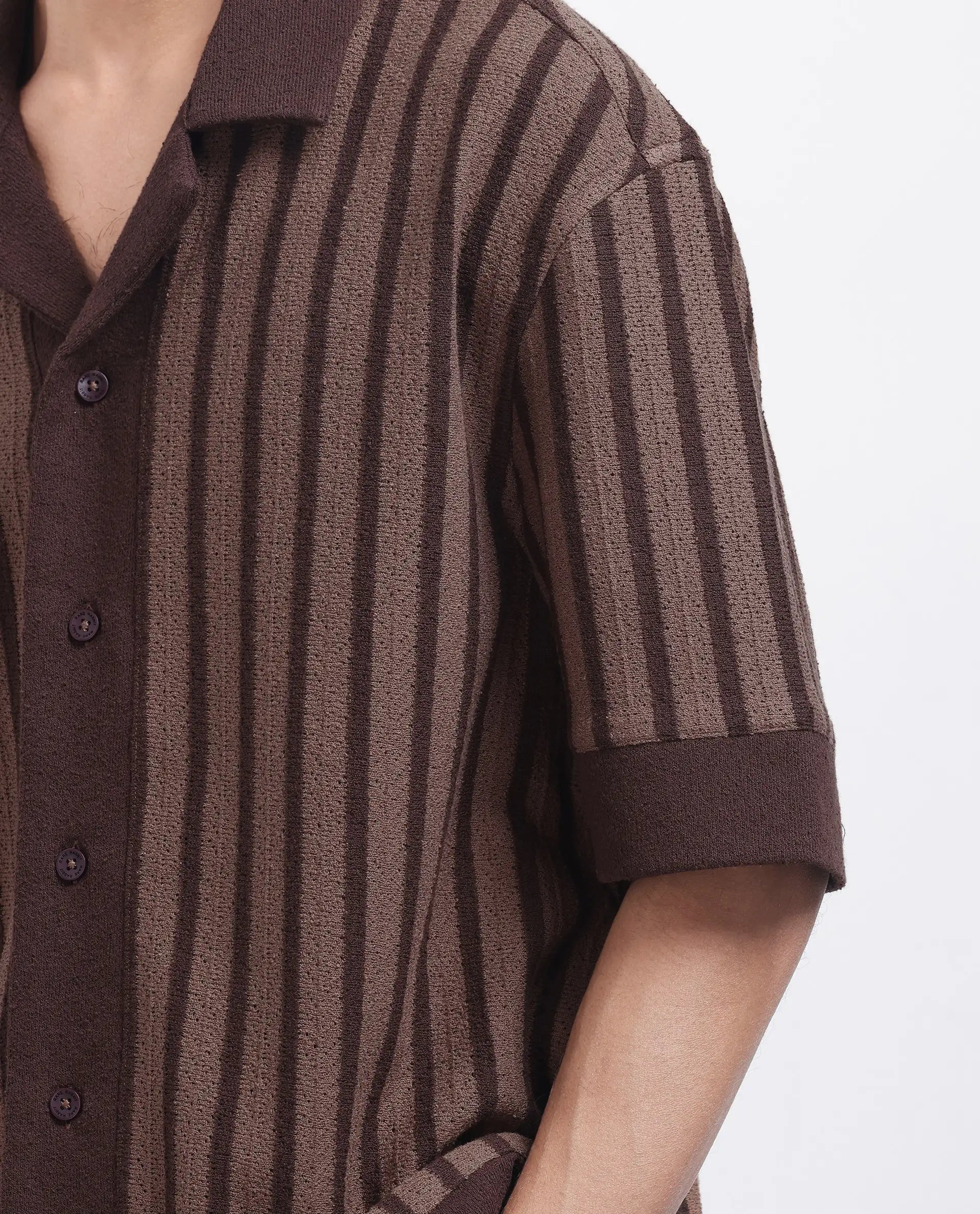 Rare Rabbit Men Juno Dark Brown Short Sleeve Cuban Collar Boxy Fit Striped Shirt