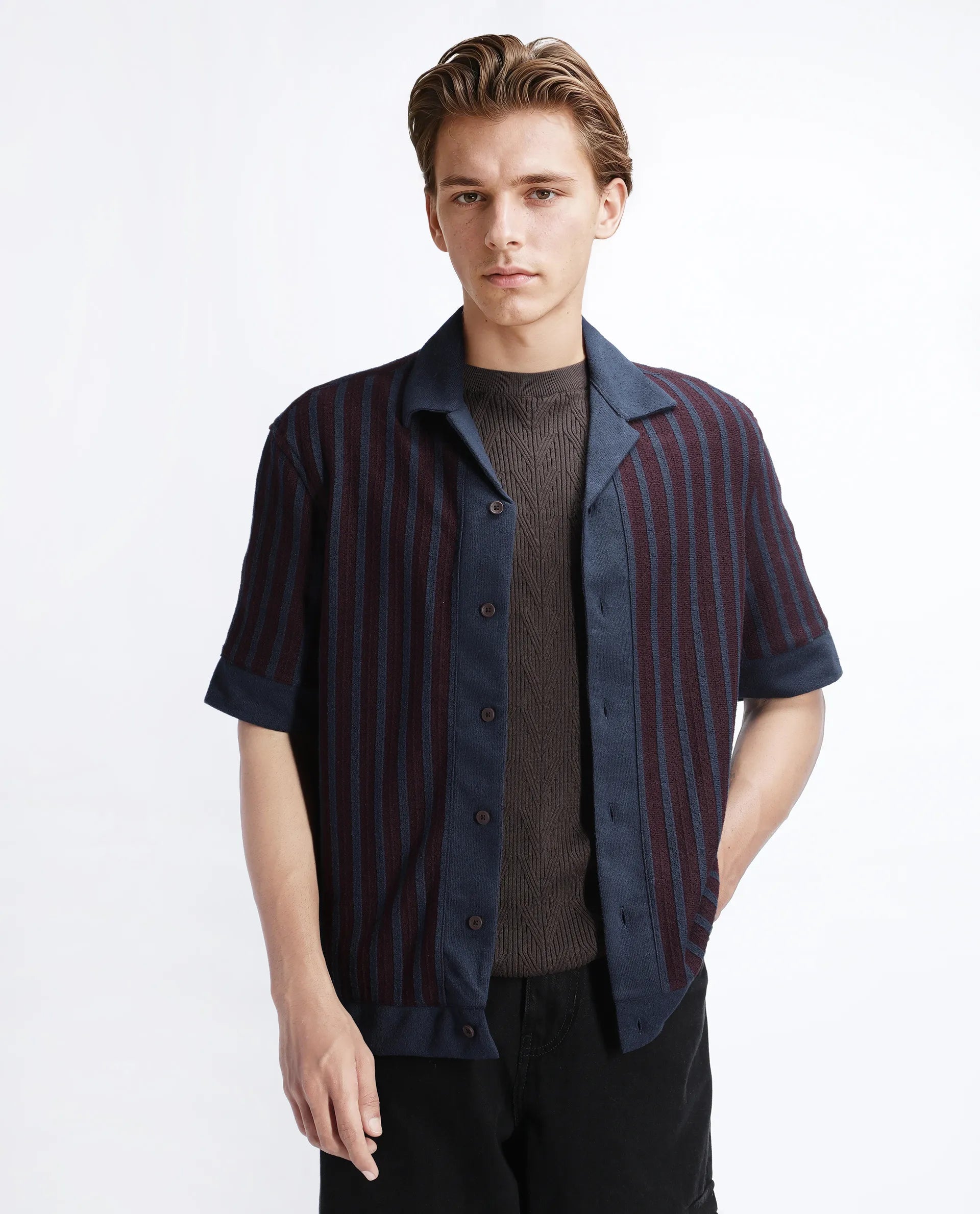 Rare Rabbit Men's Juno Dark Maroon Cotton Textured Boxy Fit Half Sleeve Cuban Collar Shirt