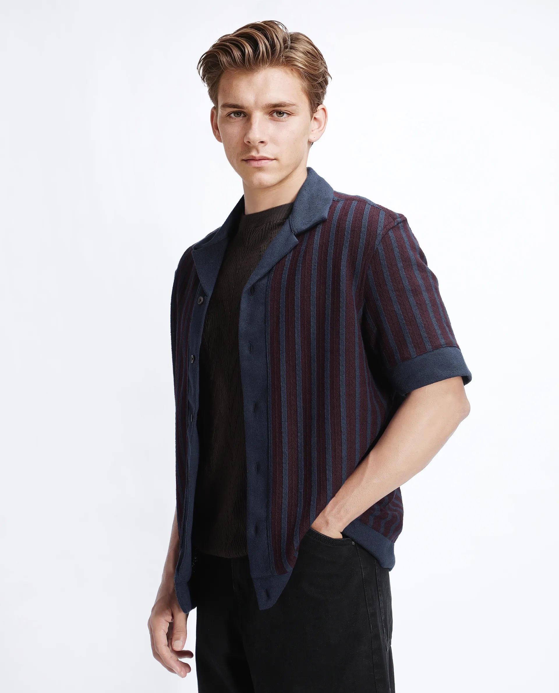 Rare Rabbit Men's Juno Dark Maroon Cotton Textured Boxy Fit Half Sleeve Cuban Collar Shirt