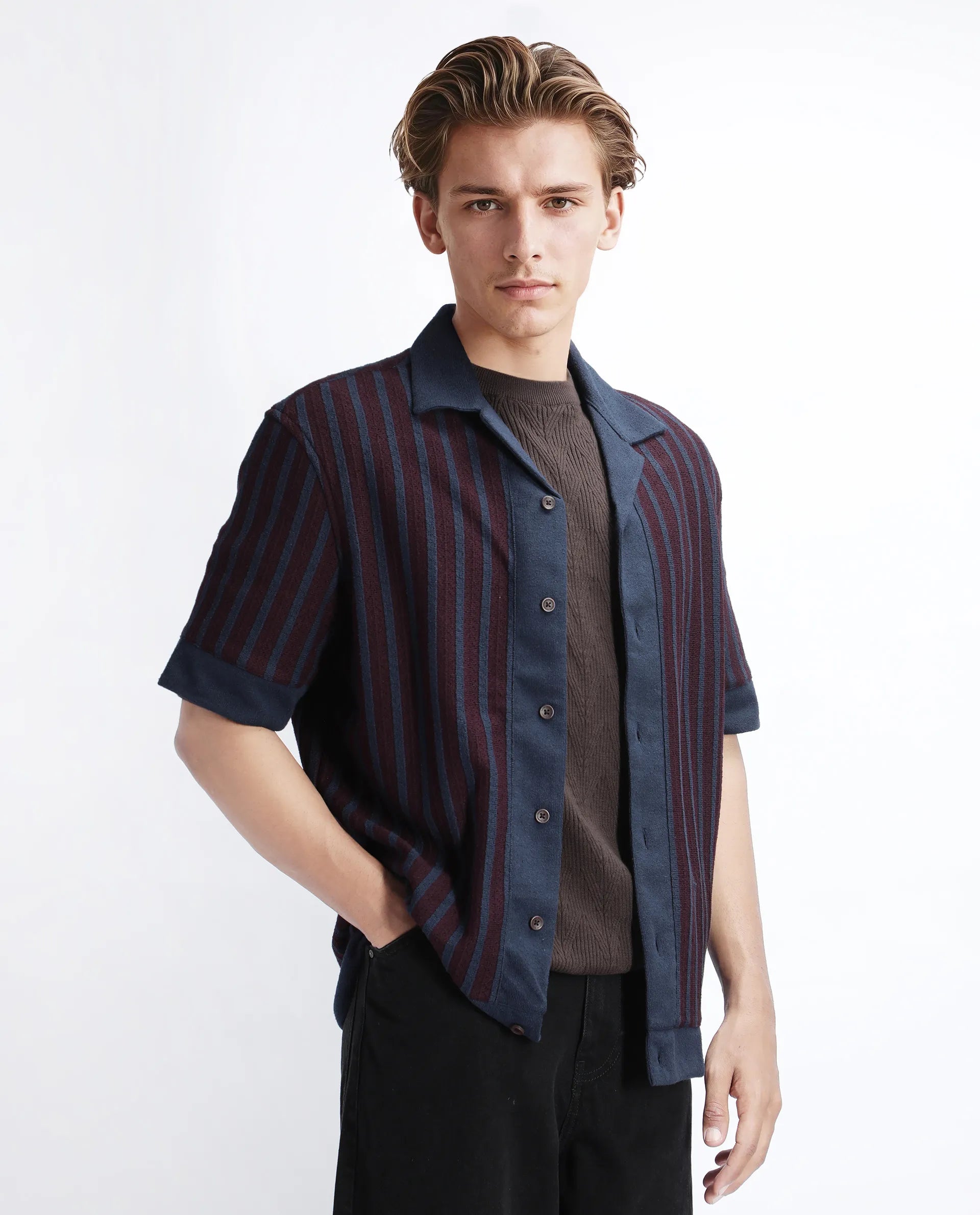 Rare Rabbit Men's Juno Dark Maroon Cotton Textured Boxy Fit Half Sleeve Cuban Collar Shirt