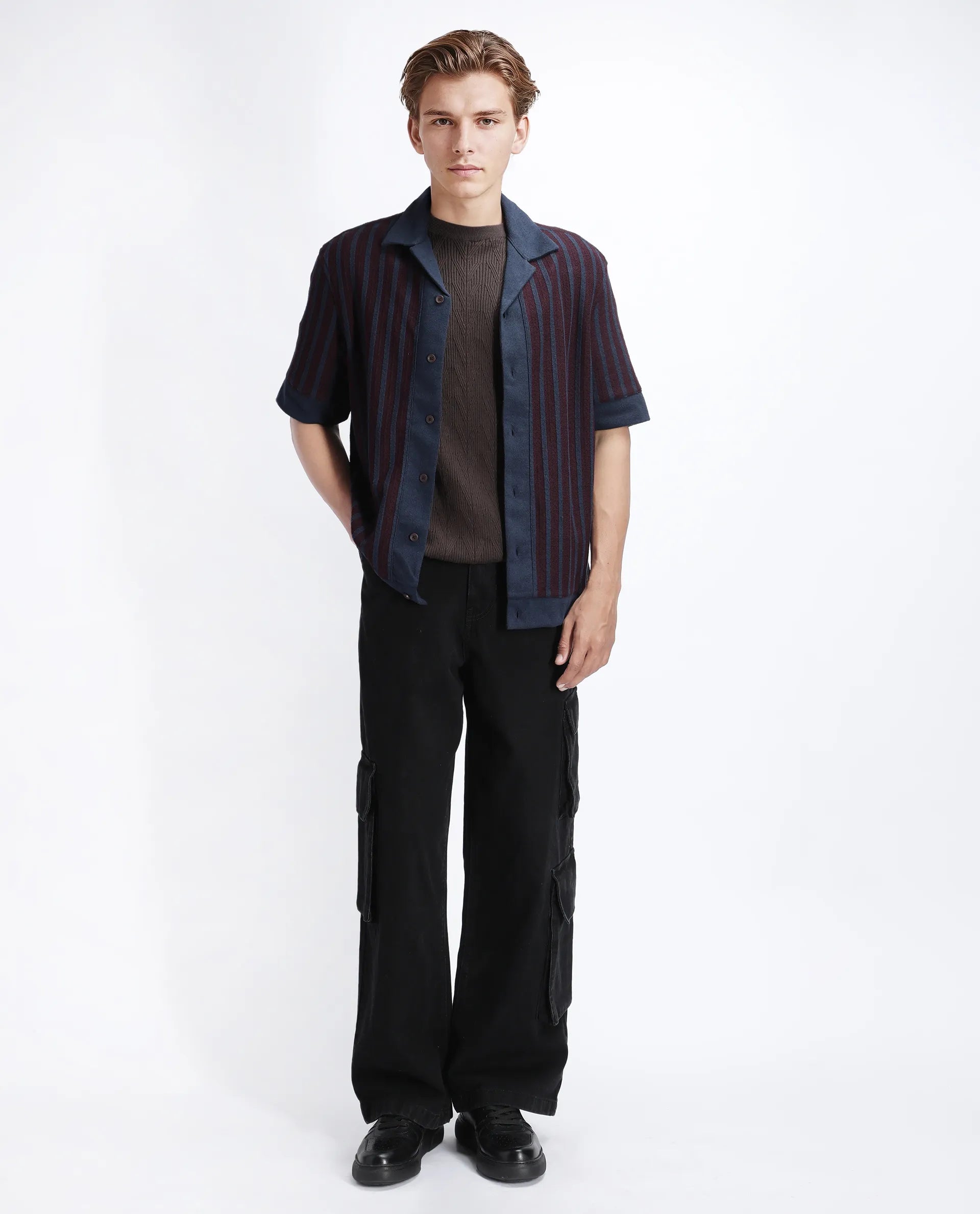 Rare Rabbit Men's Juno Dark Maroon Cotton Textured Boxy Fit Half Sleeve Cuban Collar Shirt