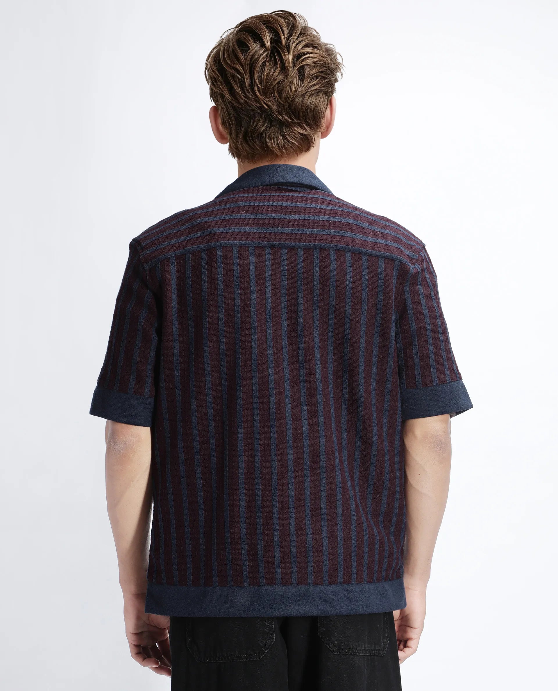 Rare Rabbit Men's Juno Dark Maroon Cotton Textured Boxy Fit Half Sleeve Cuban Collar Shirt