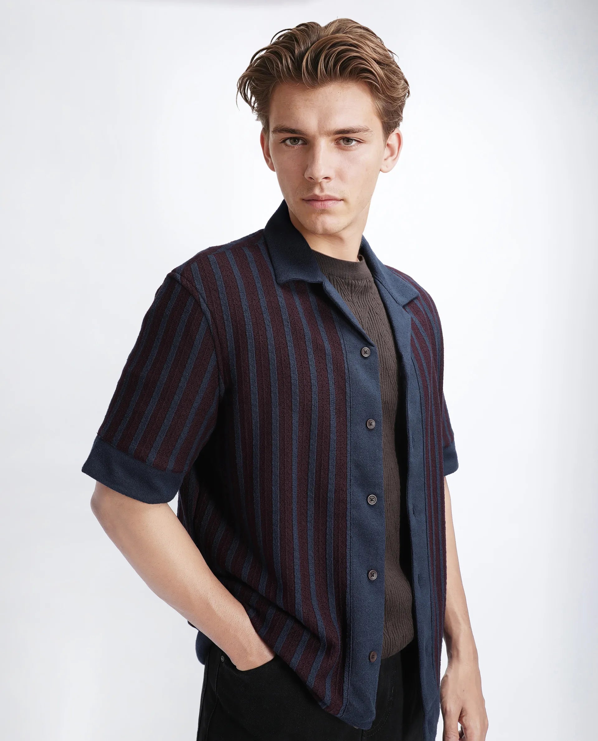 Rare Rabbit Men's Juno Dark Maroon Cotton Textured Boxy Fit Half Sleeve Cuban Collar Shirt