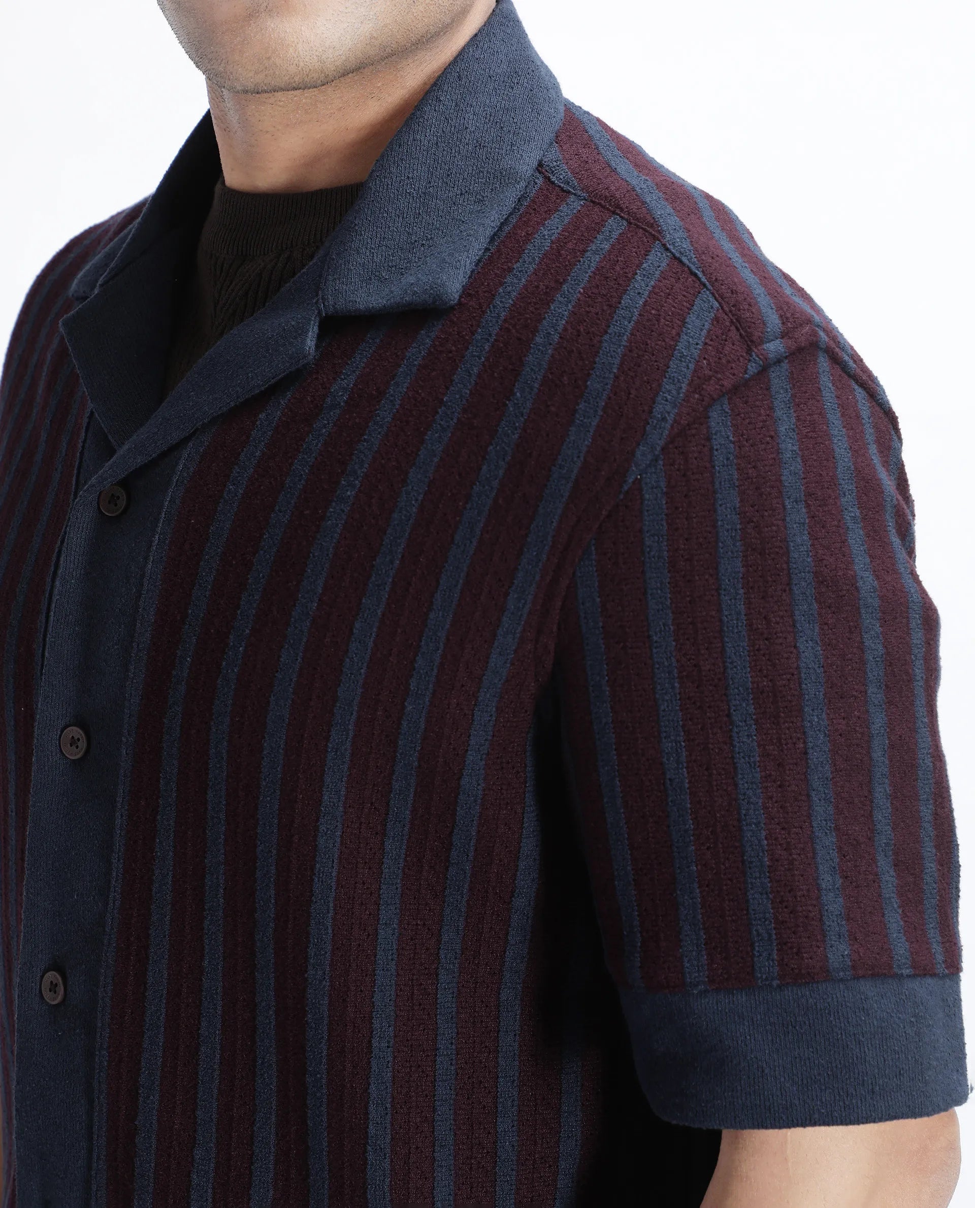 Rare Rabbit Men's Juno Dark Maroon Cotton Textured Boxy Fit Half Sleeve Cuban Collar Shirt