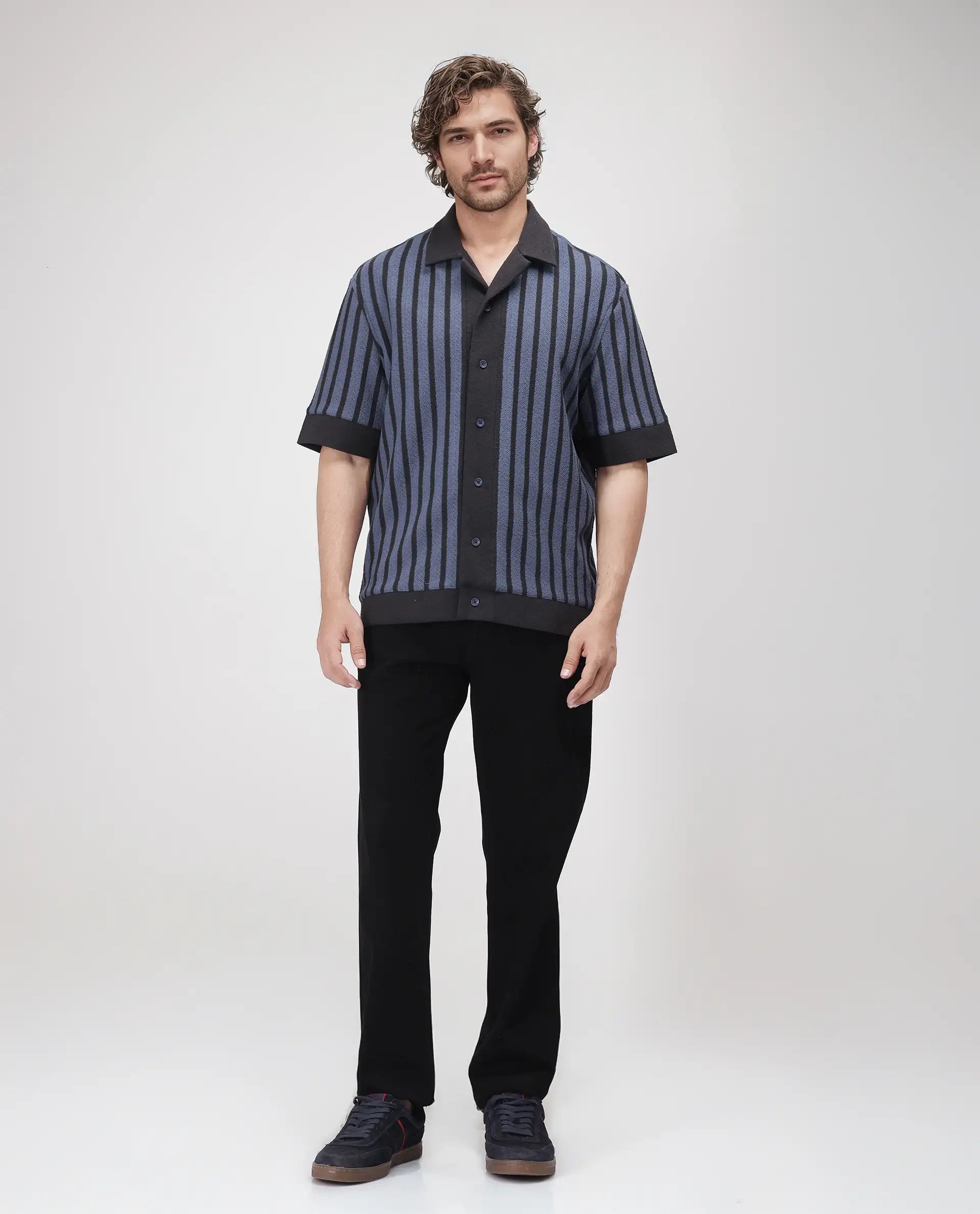 Rare Rabbit Men Juno Dusky Blue Short Sleeve Cuban Collar Boxy Fit Striped Shirt