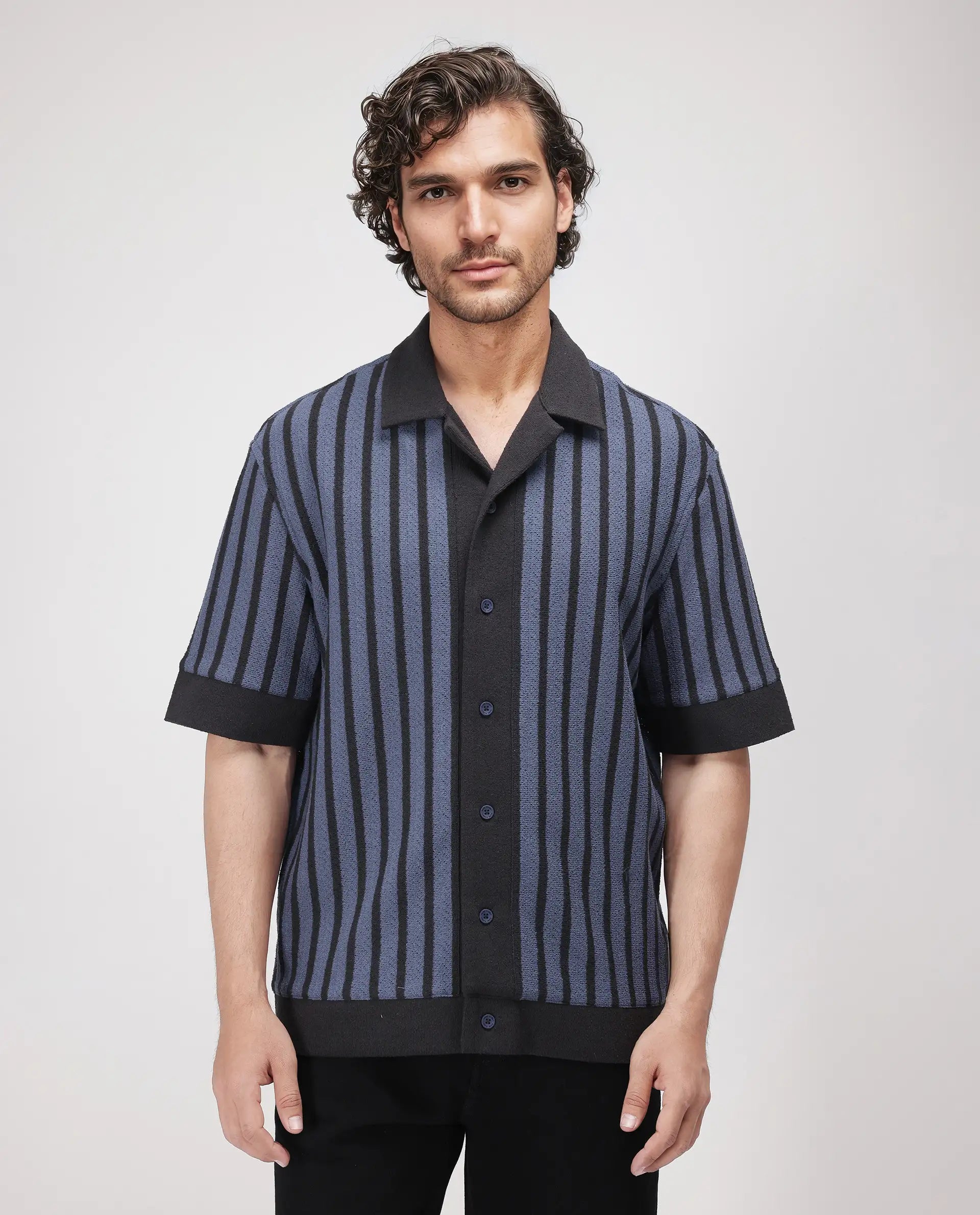 Rare Rabbit Men Juno Dusky Blue Short Sleeve Cuban Collar Boxy Fit Striped Shirt