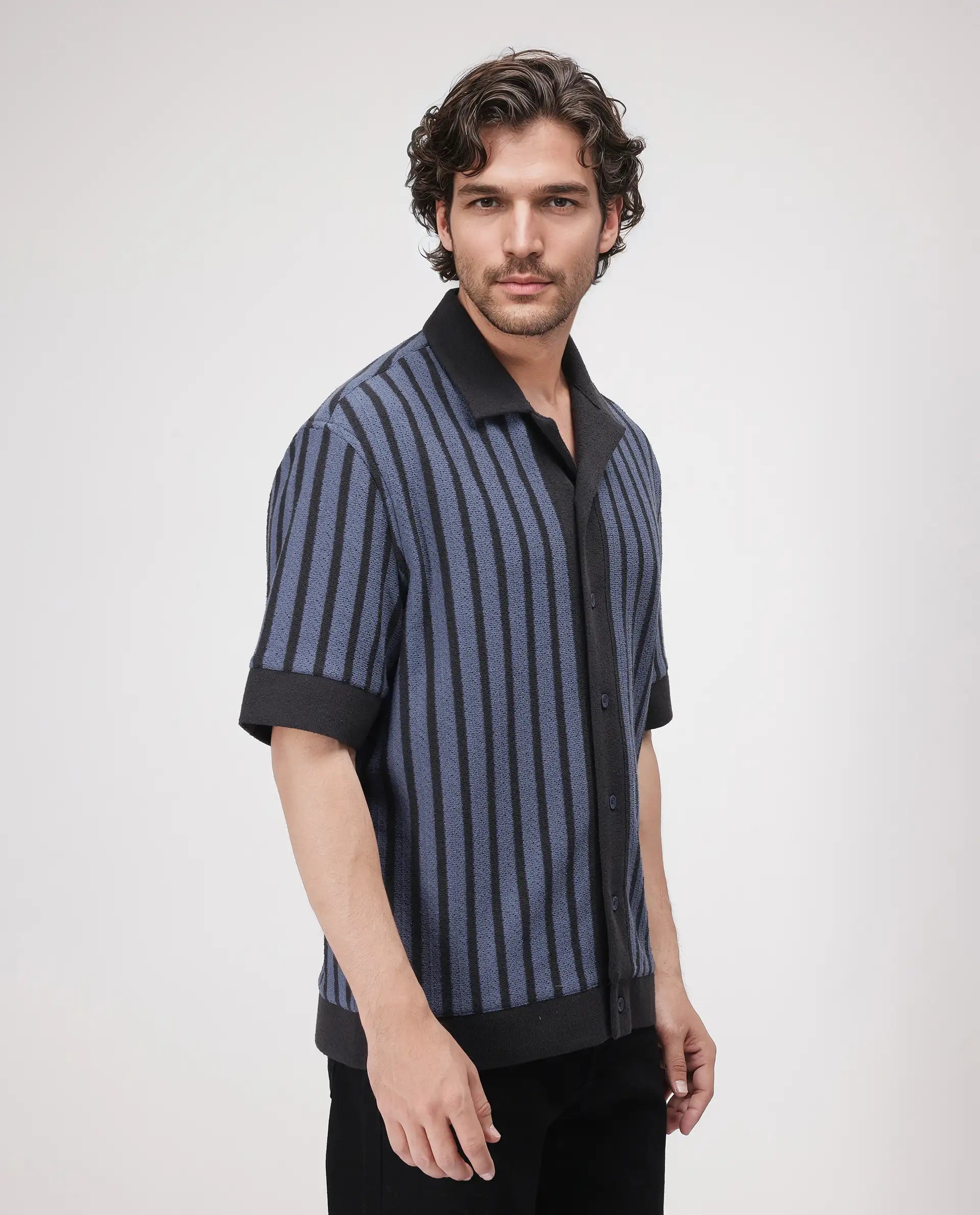 Rare Rabbit Men Juno Dusky Blue Short Sleeve Cuban Collar Boxy Fit Striped Shirt