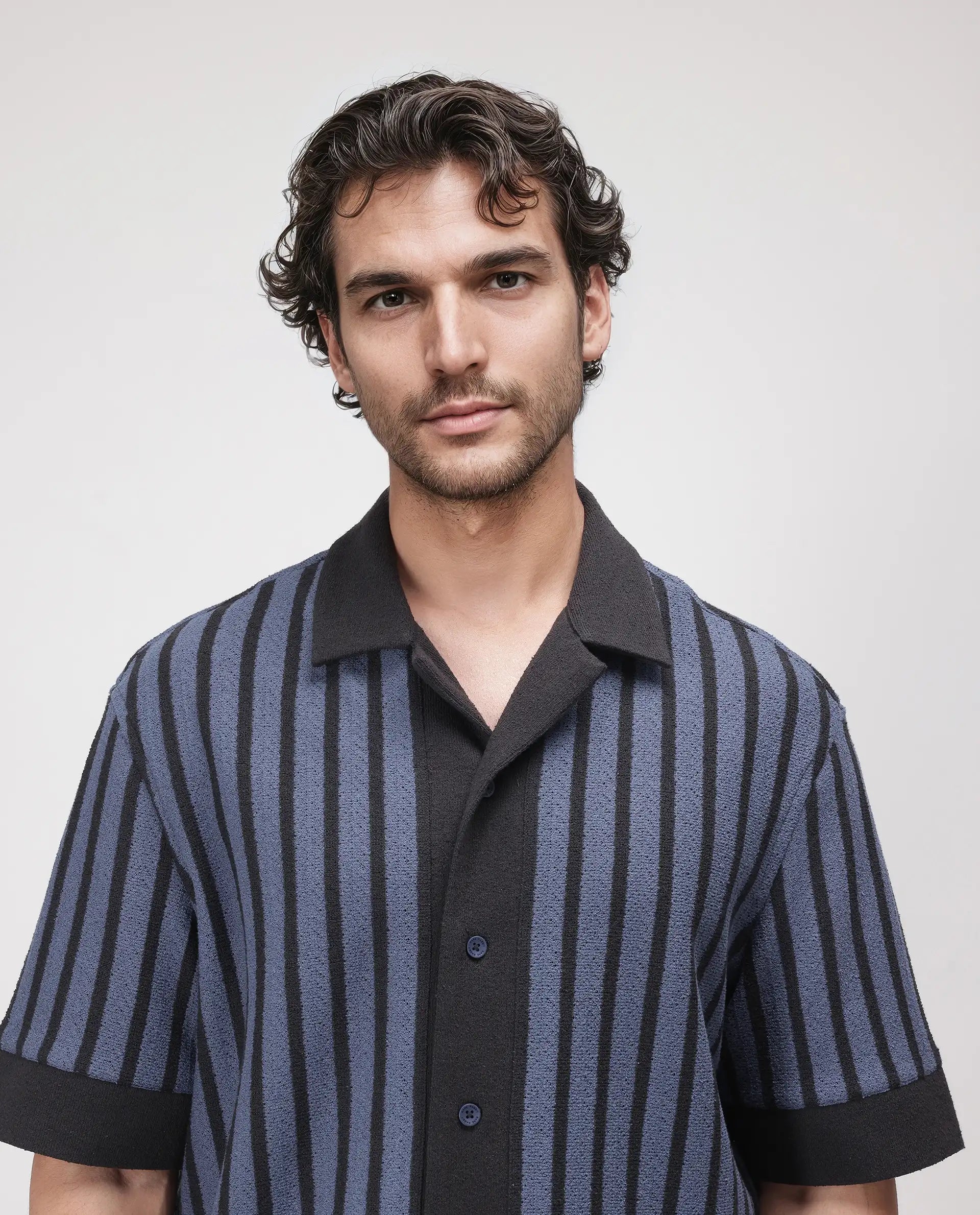 Rare Rabbit Men Juno Dusky Blue Short Sleeve Cuban Collar Boxy Fit Striped Shirt