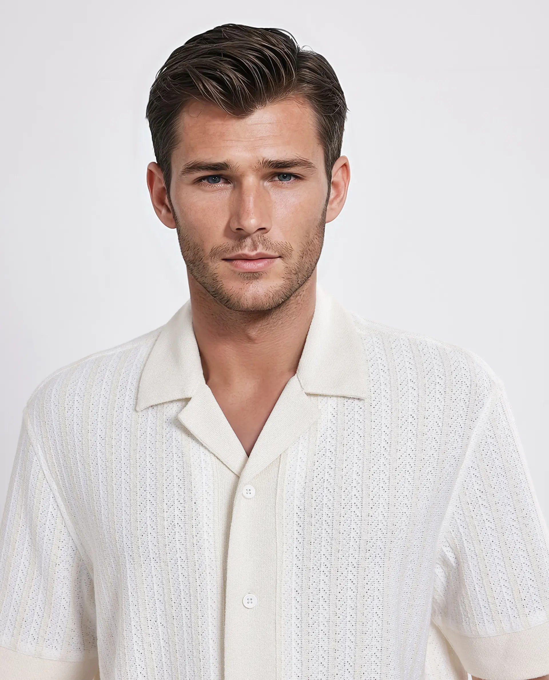 Rare Rabbit Men Juno Off White Short Sleeve Cuban Collar Boxy Fit Striped Shirt