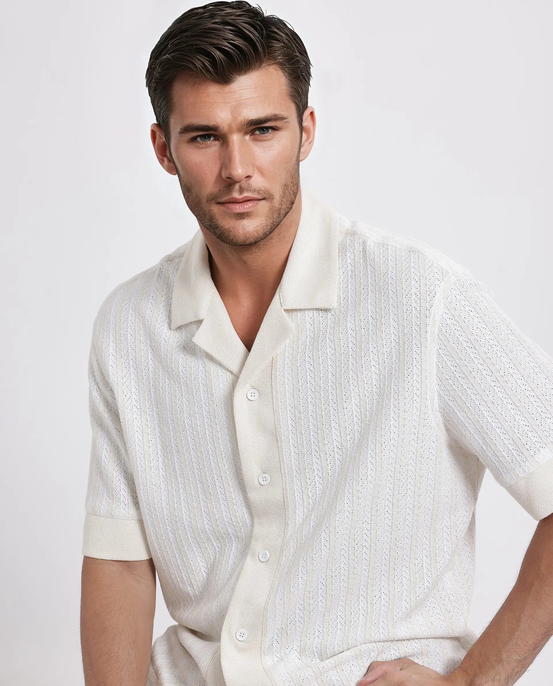 Rare Rabbit Men Juno Off White Short Sleeve Cuban Collar Boxy Fit Striped Shirt