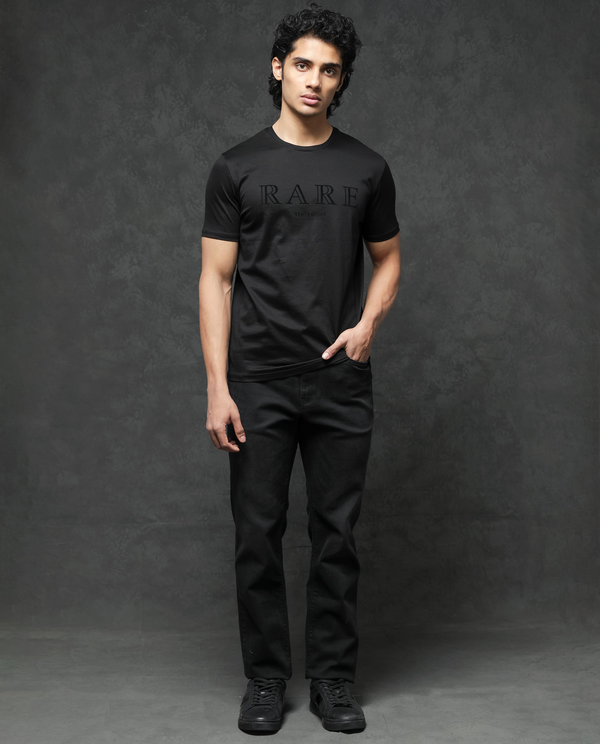 Rare Rabbit Mens Junot Black Cotton Lycra Fabric Short Sleeve Velvet Graphic Print T-Shirt