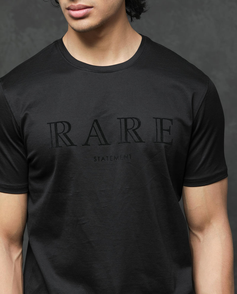 Rare Rabbit Mens Junot Black Cotton Lycra Fabric Short Sleeve Velvet Graphic Print T-Shirt