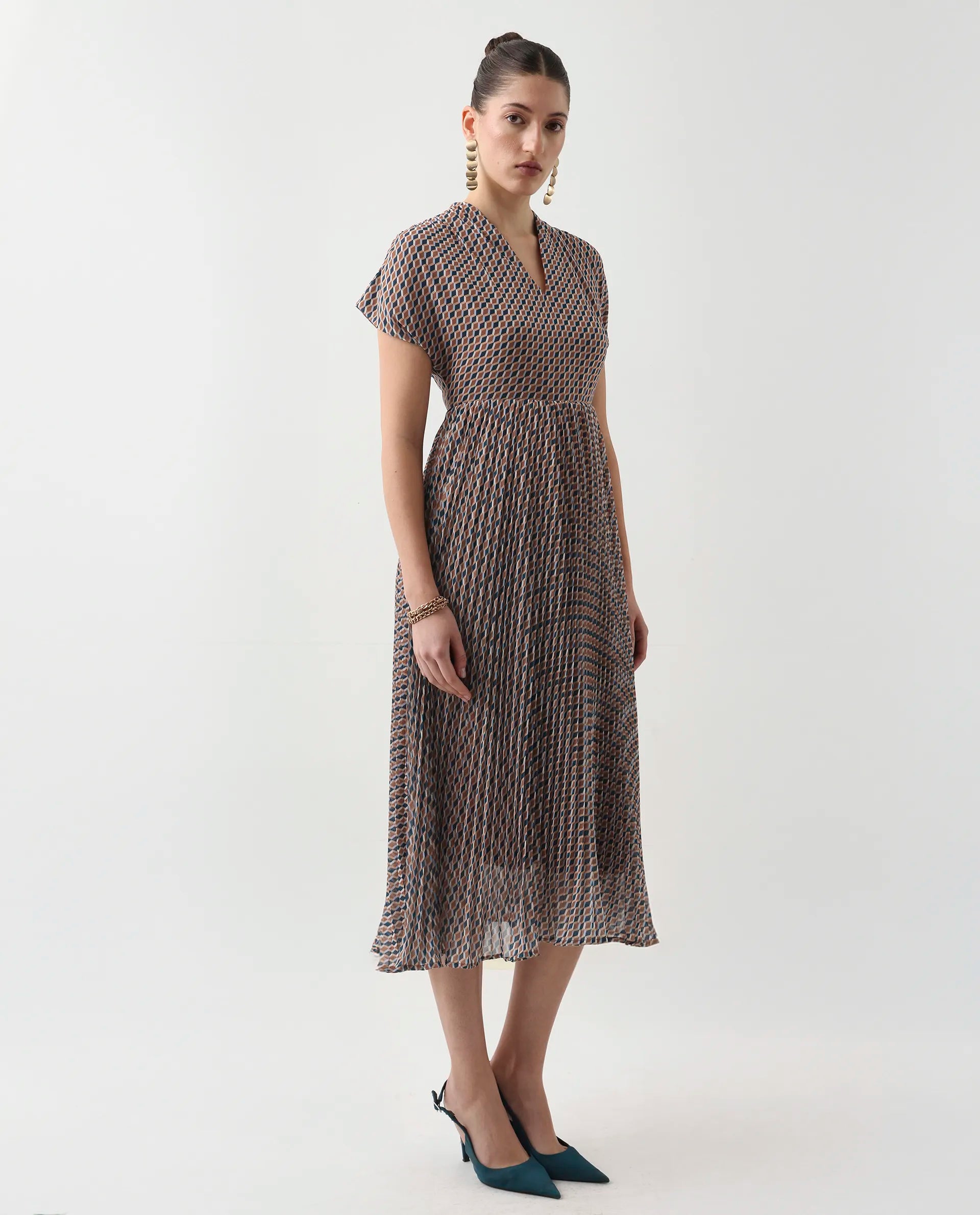 Rareism Women's Jurem Multi Polyester V-Neck Fit And Flare Printed Dress