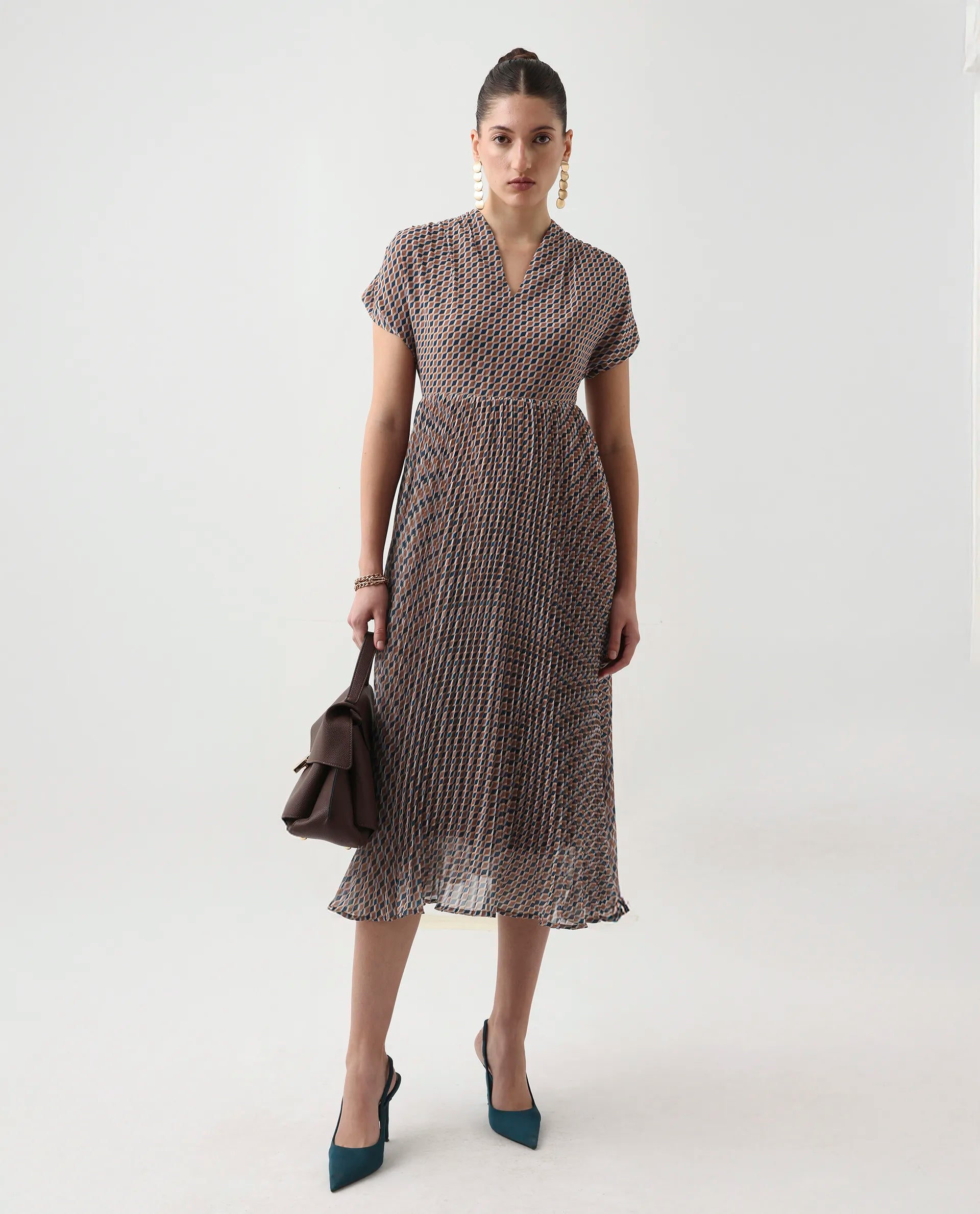 Rareism Women's Jurem Multi Polyester V-Neck Fit And Flare Printed Dress