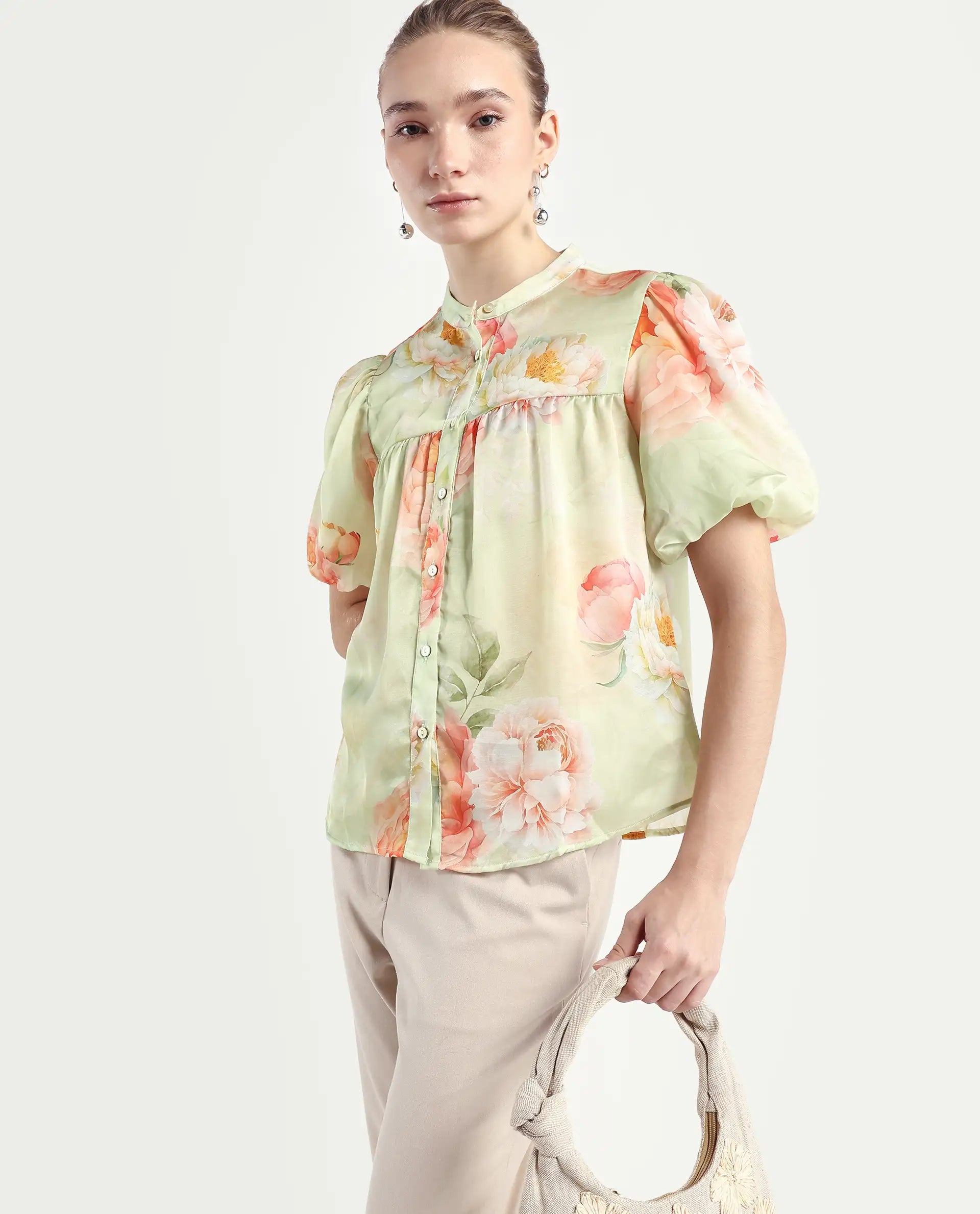 Rareism Women's Jurino Light Green Polyester Mandarin Collar Floral Print Balloon Sleeve Regular Fit Top
