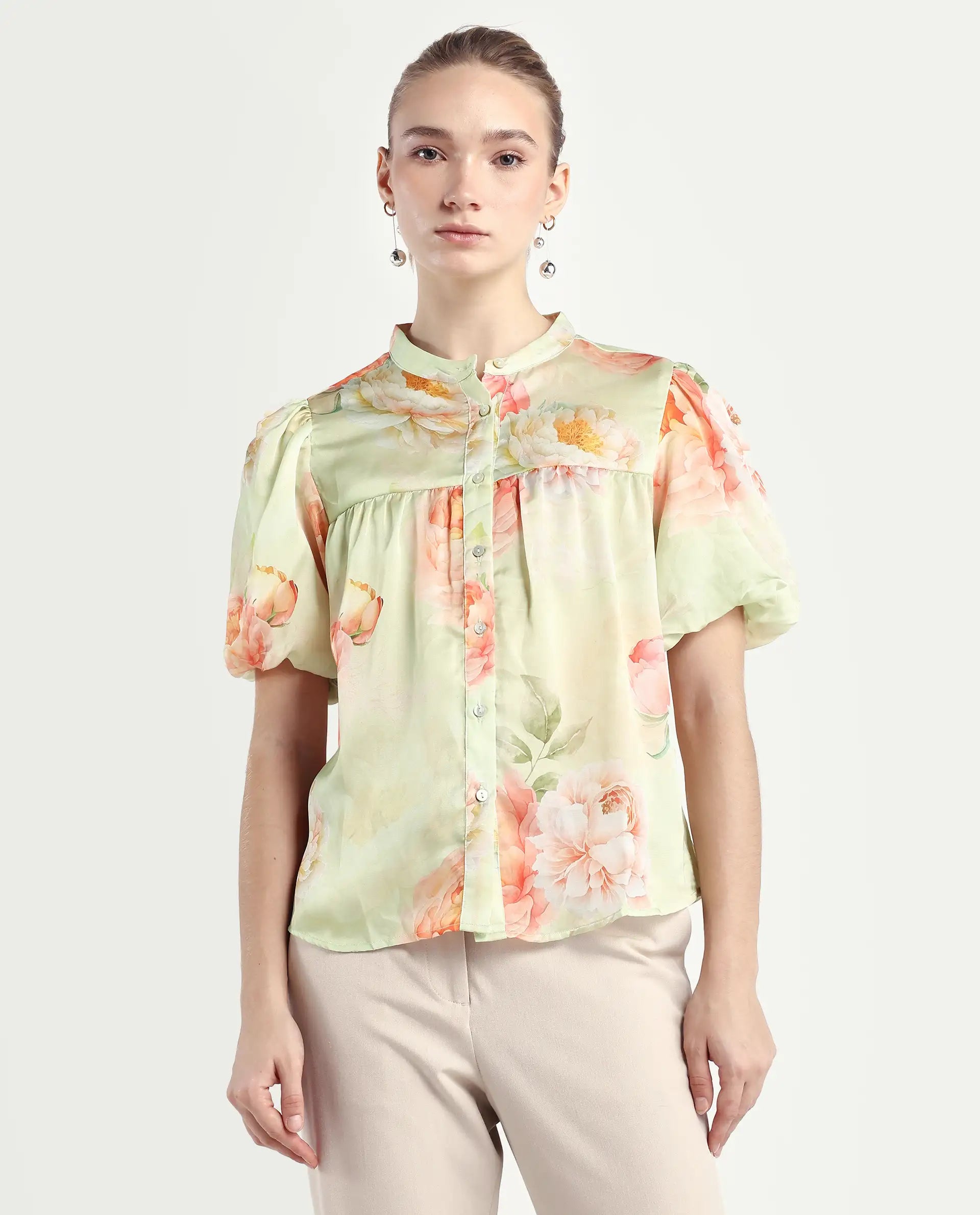 Rareism Women's Jurino Light Green Polyester Mandarin Collar Floral Print Balloon Sleeve Regular Fit Top