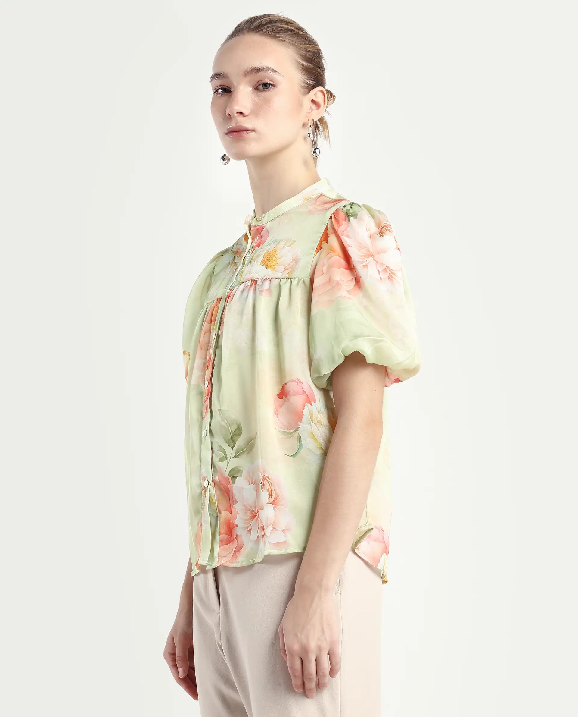 Rareism Women's Jurino Light Green Polyester Mandarin Collar Floral Print Balloon Sleeve Regular Fit Top