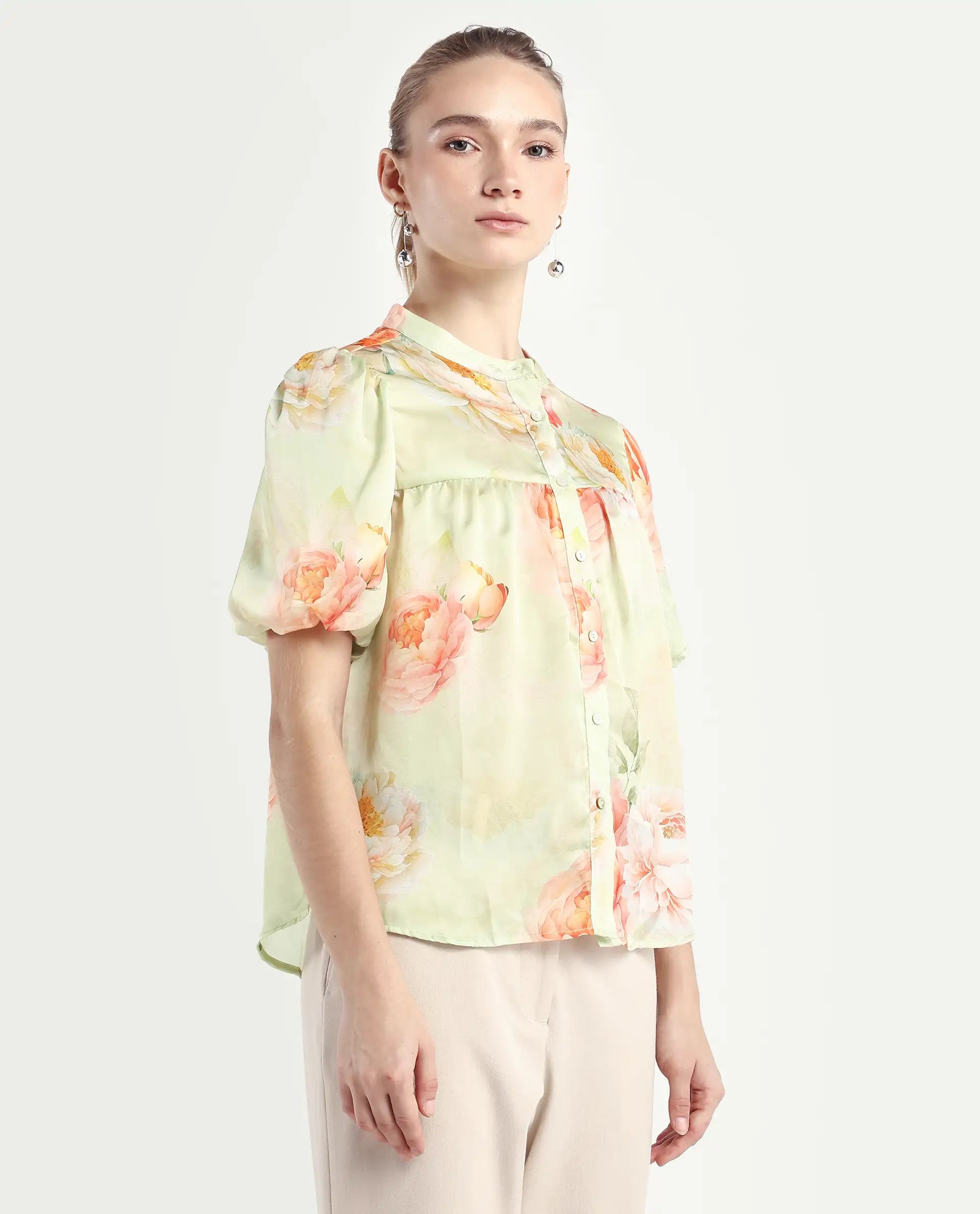 Rareism Women's Jurino Light Green Polyester Mandarin Collar Floral Print Balloon Sleeve Regular Fit Top
