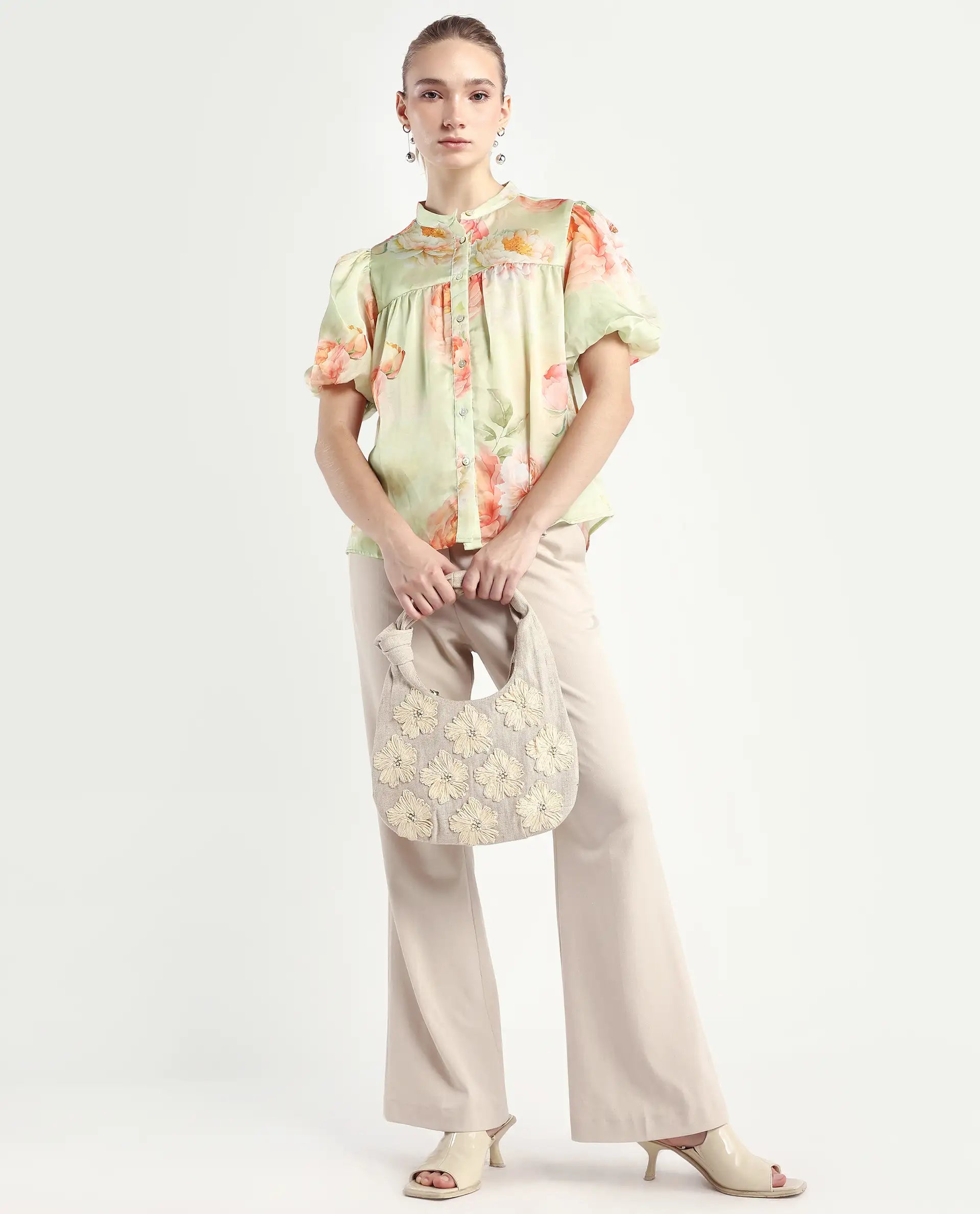 Rareism Women's Jurino Light Green Polyester Mandarin Collar Floral Print Balloon Sleeve Regular Fit Top