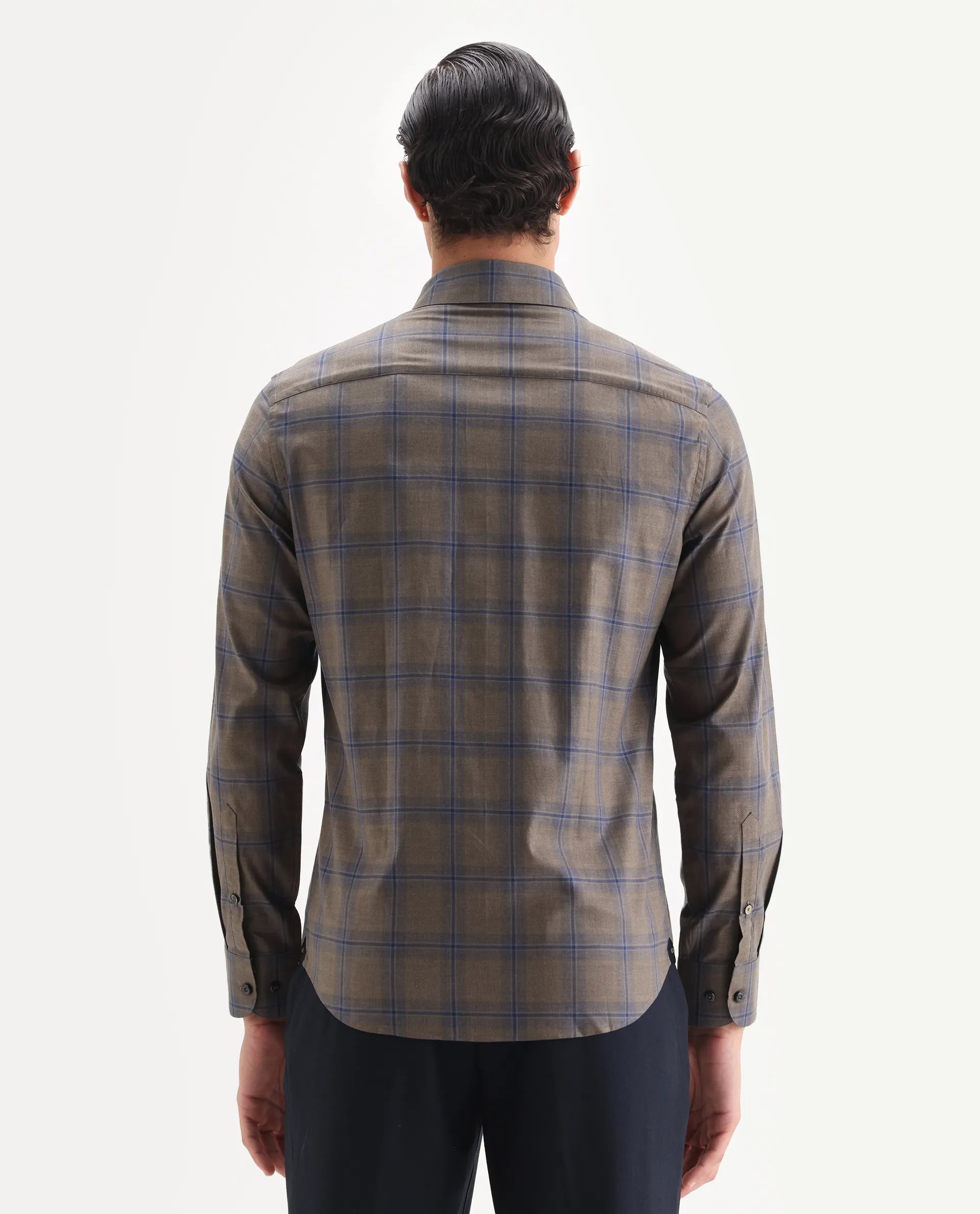 Rare Rabbit Men's Juro Light Brown Cotton Fabric Spread Collar Regular Fit Checked Shirt