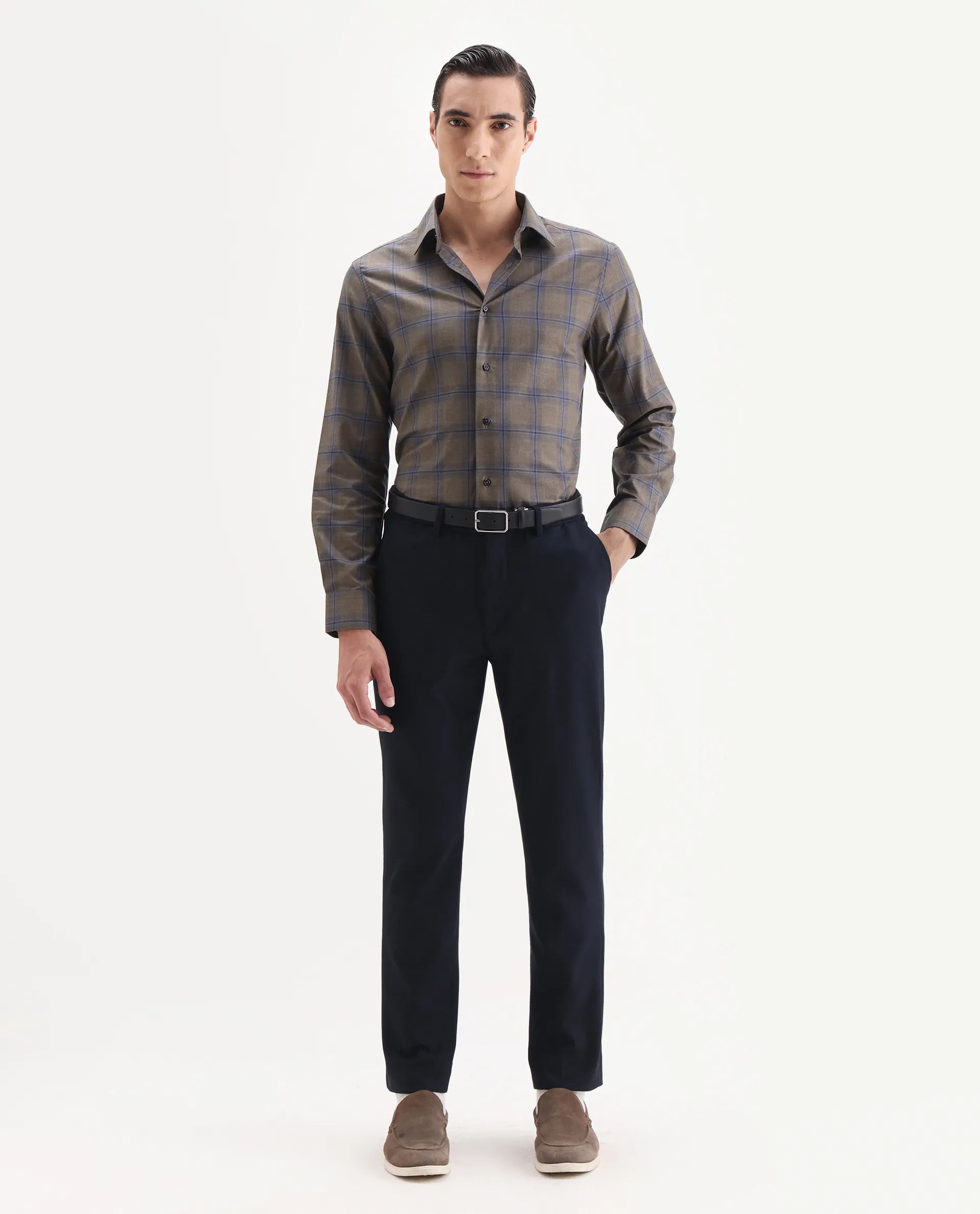 Rare Rabbit Men's Juro Light Brown Cotton Fabric Spread Collar Regular Fit Checked Shirt