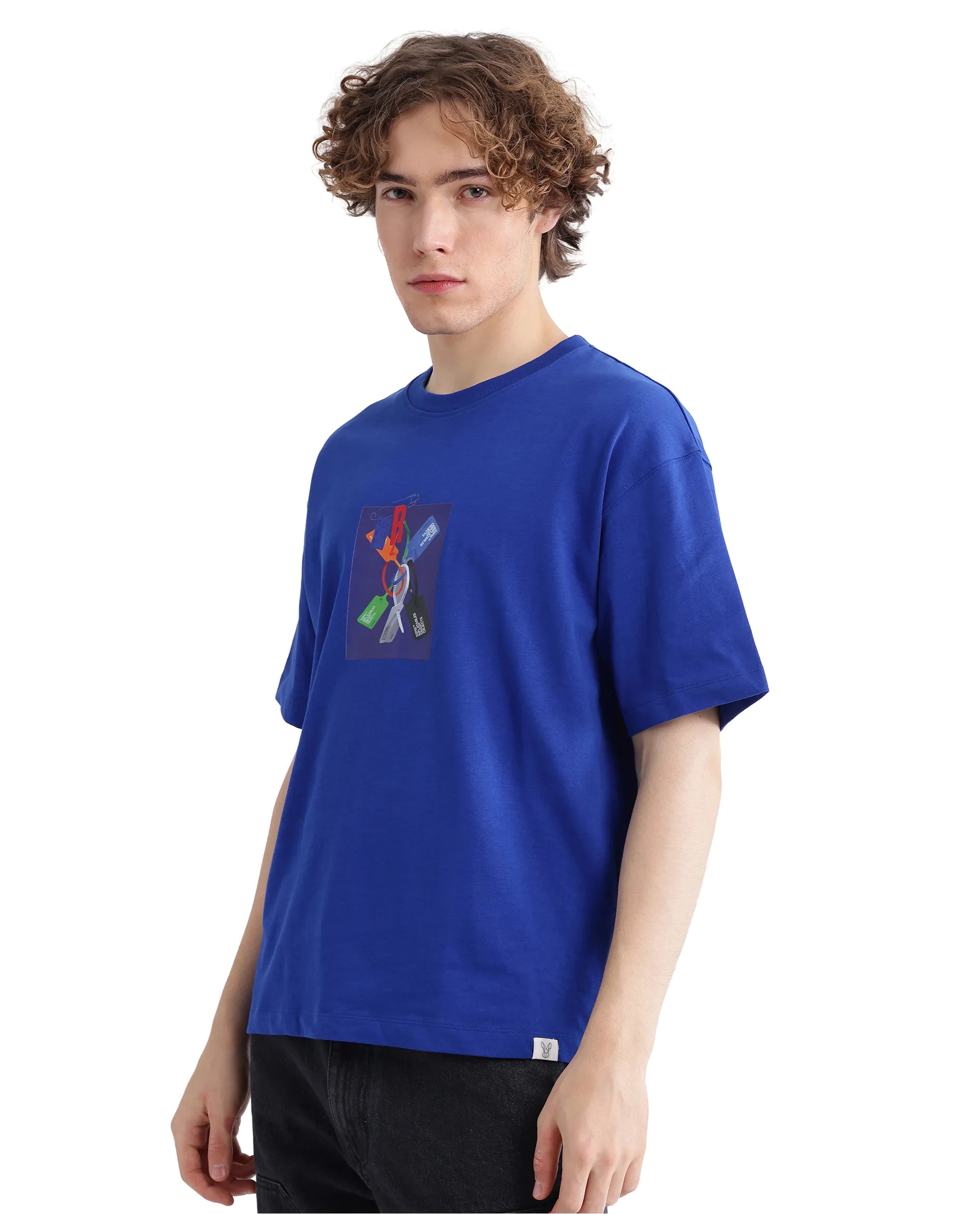 Rare Rabbit Men Just Blue Cotton Fabric Short Sleeve Crew Neck Boxy Fit Graphic Print T-Shirt