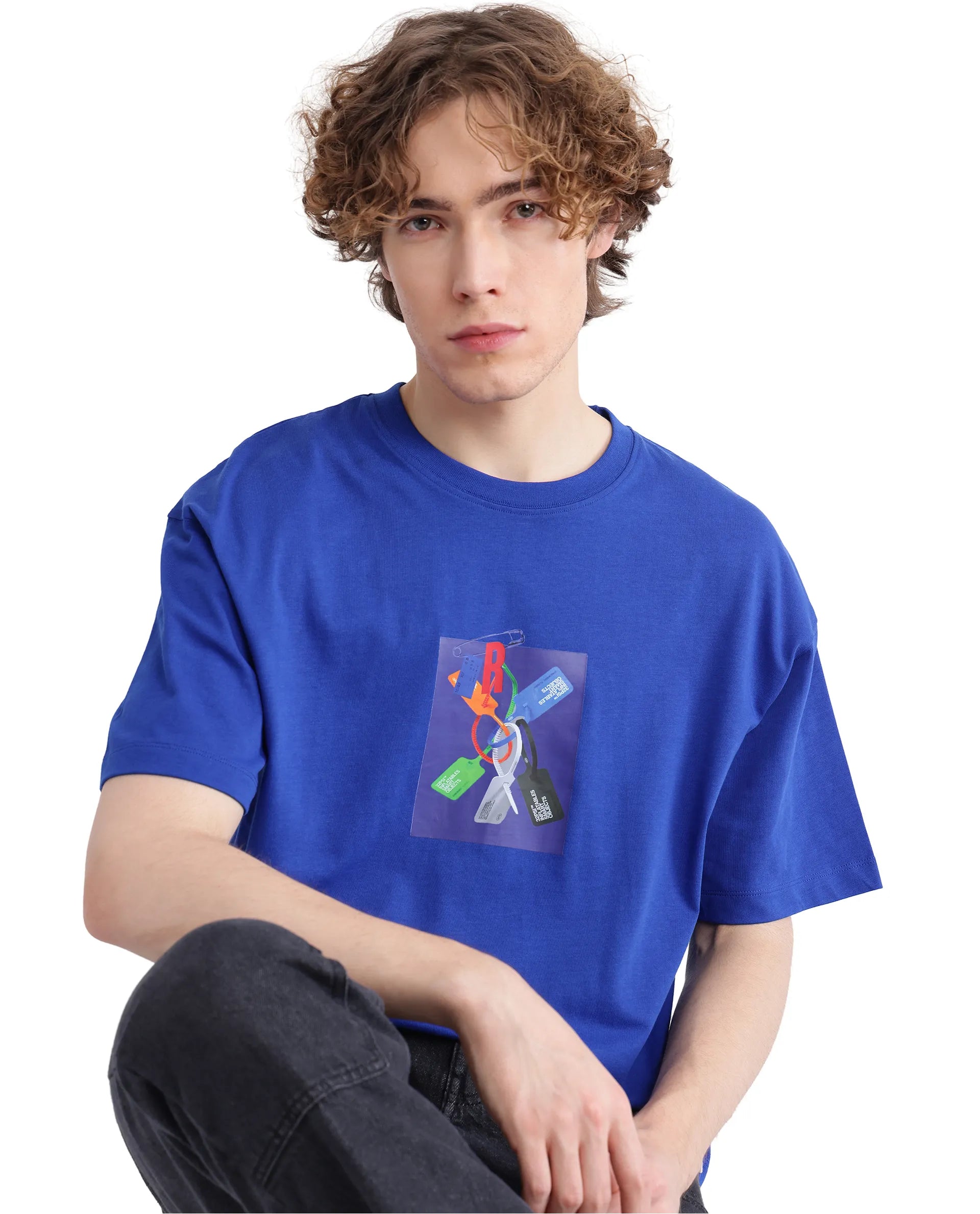 Rare Rabbit Men Just Blue Cotton Fabric Short Sleeve Crew Neck Boxy Fit Graphic Print T-Shirt