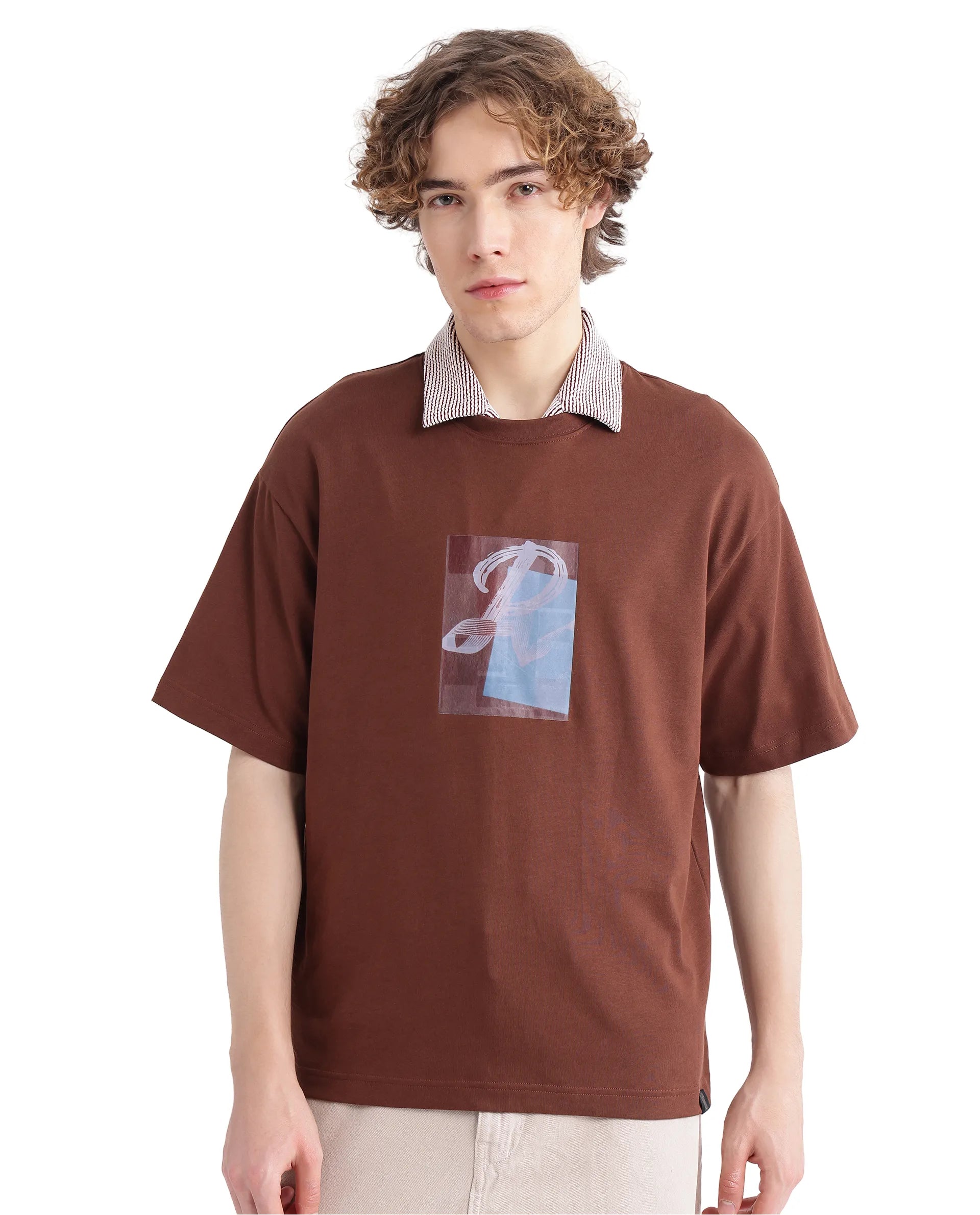 Rare Rabbit Men Justin Brown  Cotton Fabric Short Sleeve Crew Neck Graphic Print T-Shirt