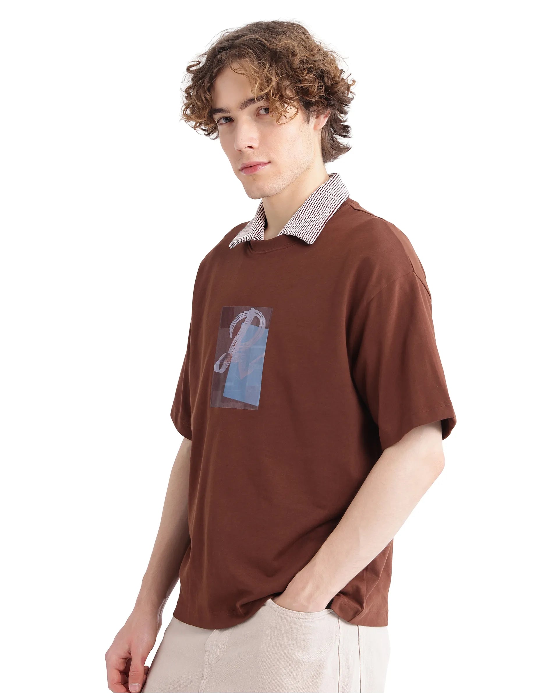 Rare Rabbit Men Justin Brown  Cotton Fabric Short Sleeve Crew Neck Graphic Print T-Shirt