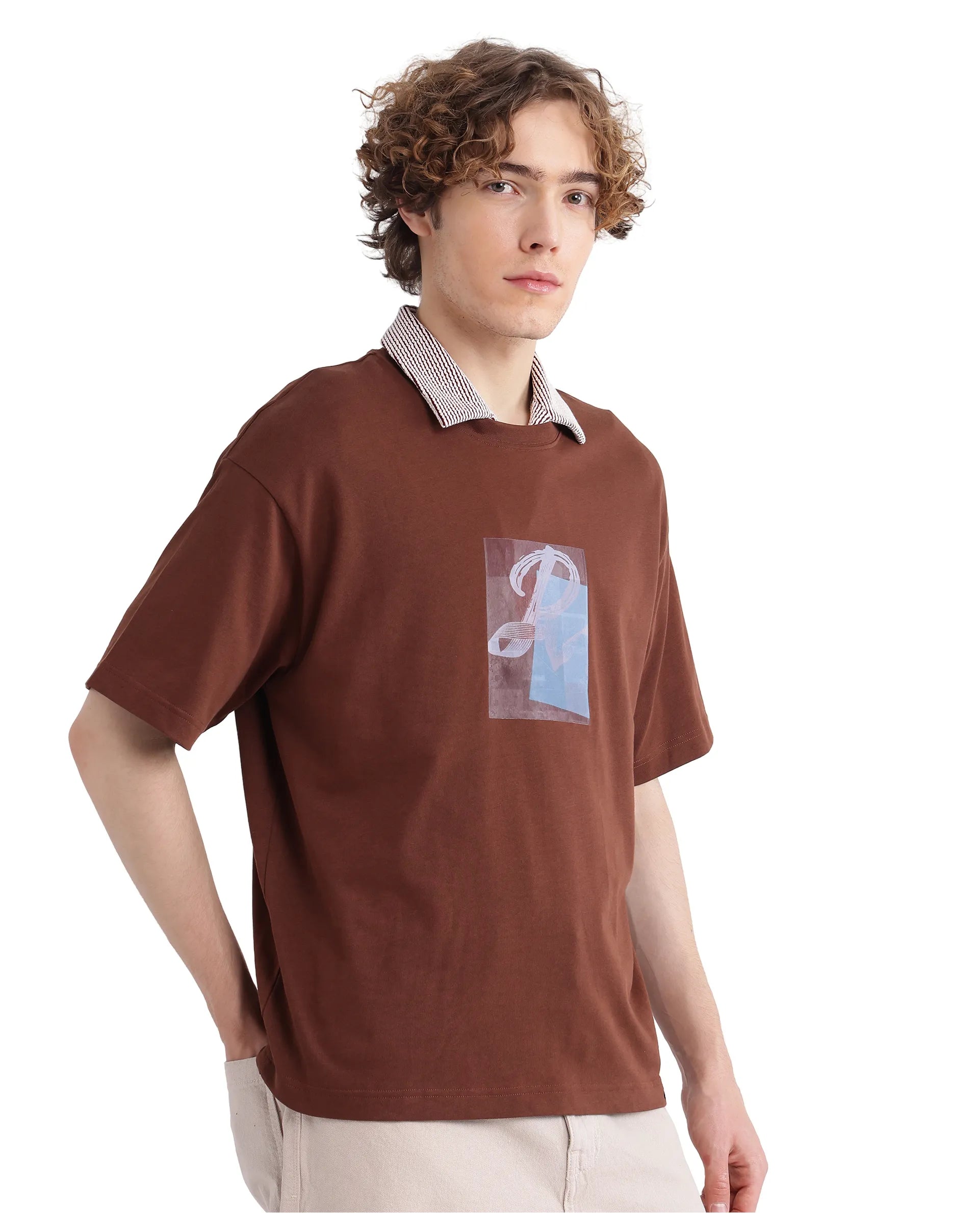 Rare Rabbit Men Justin Brown  Cotton Fabric Short Sleeve Crew Neck Graphic Print T-Shirt