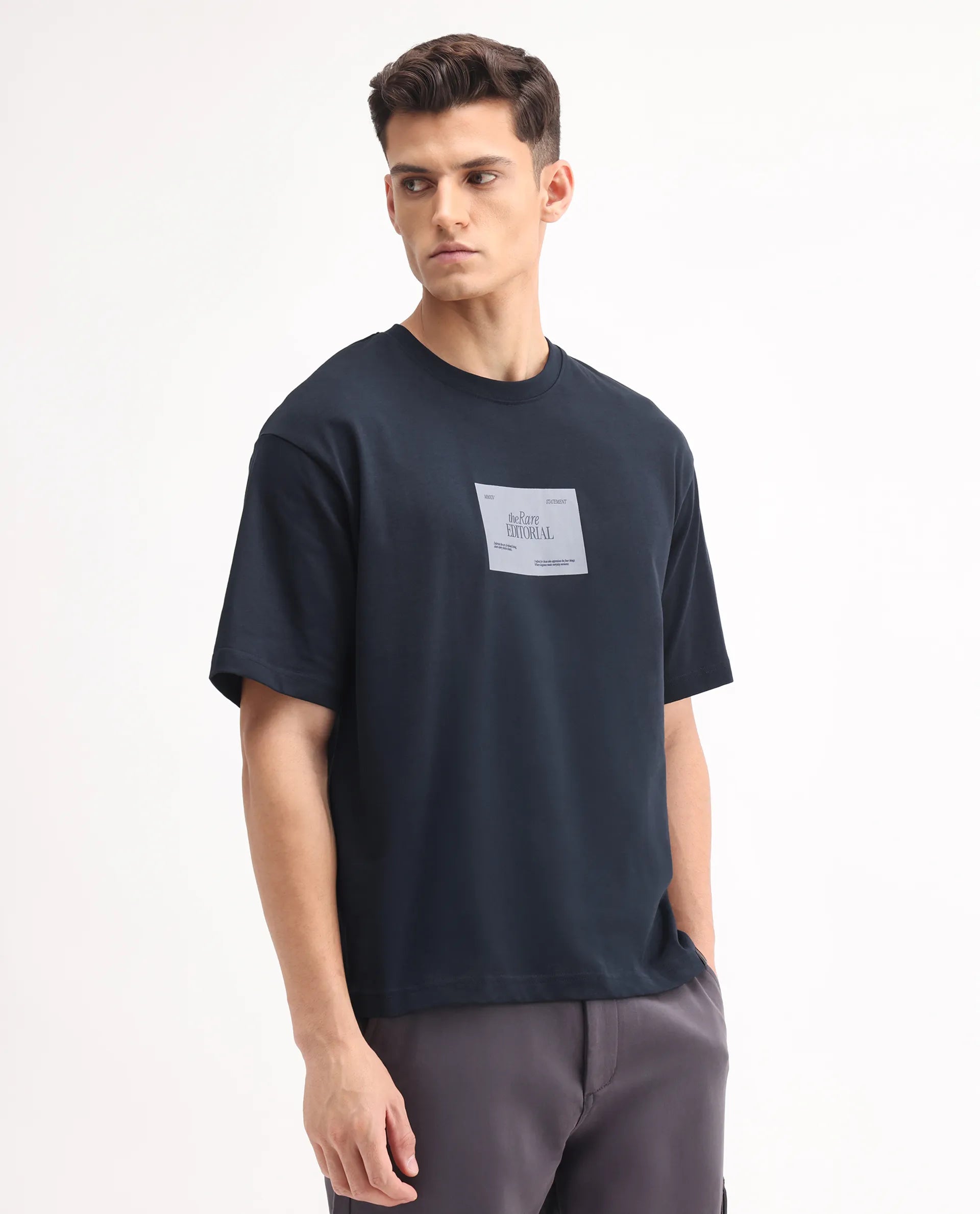 Rare Rabbit Men's Justin Navy Cotton Graphic Print Oversized Fit Half Sleeve Crew Neck T-Shirt