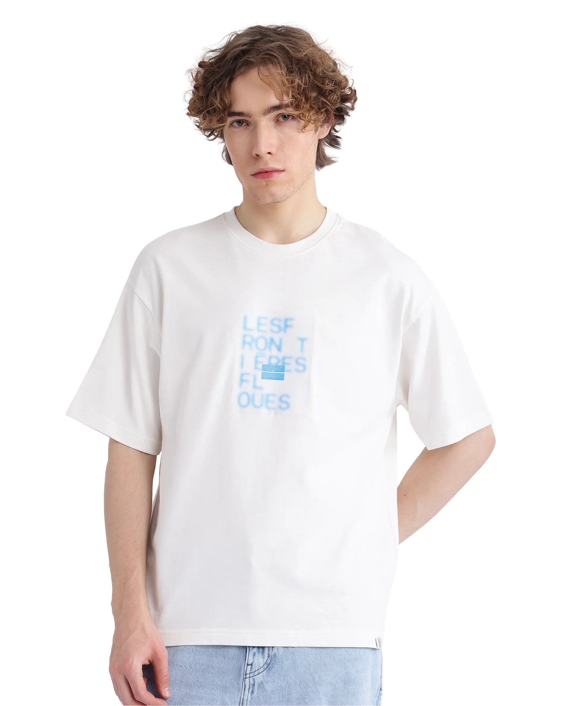 Rare Rabbit Men Justin Off White Cotton Fabric Short Sleeve Crew Neck Graphic Print T-Shirt