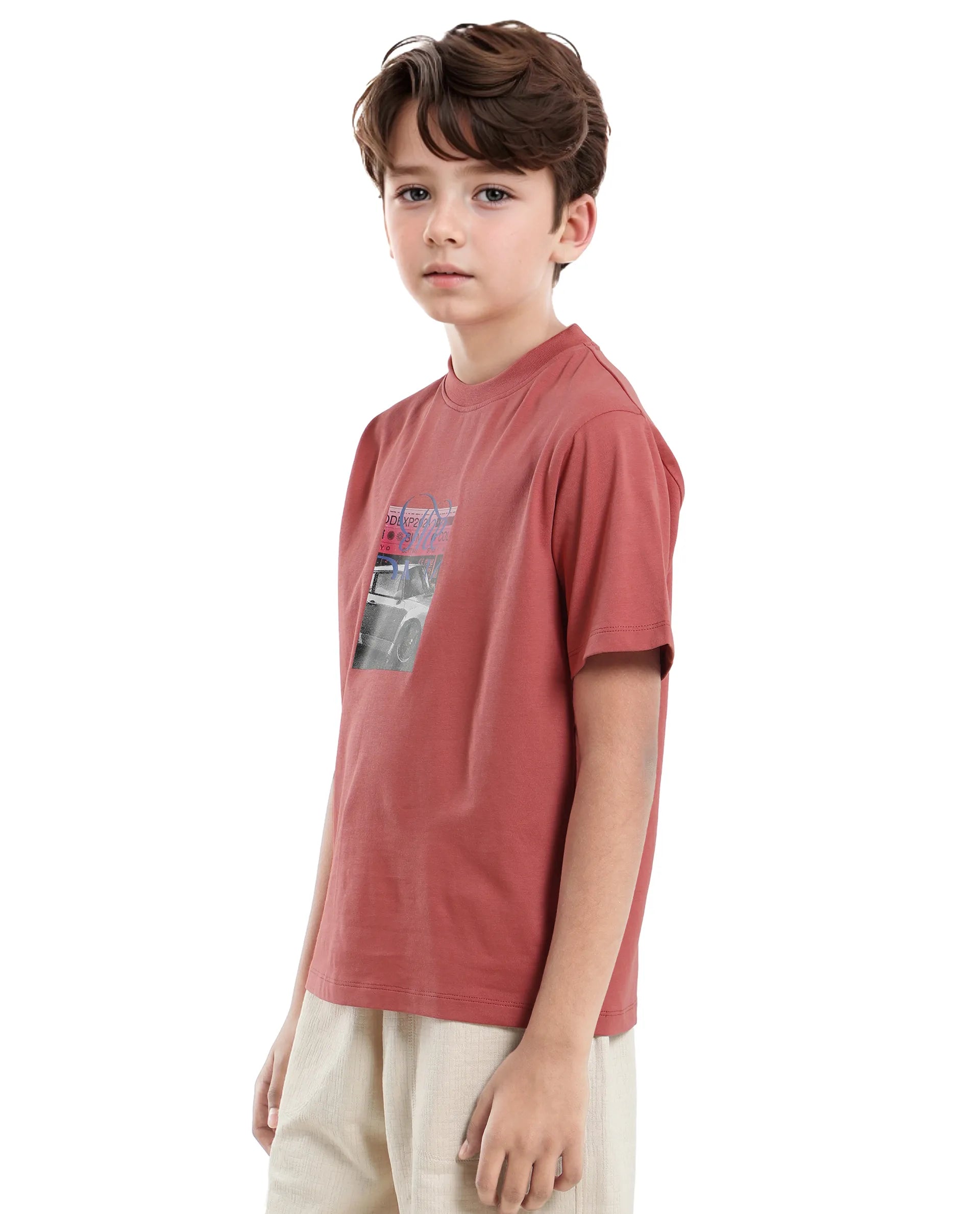 Rare Ones Kids Just-K Light Red Cotton Solid Slip-On Regular Fit T-Shirt