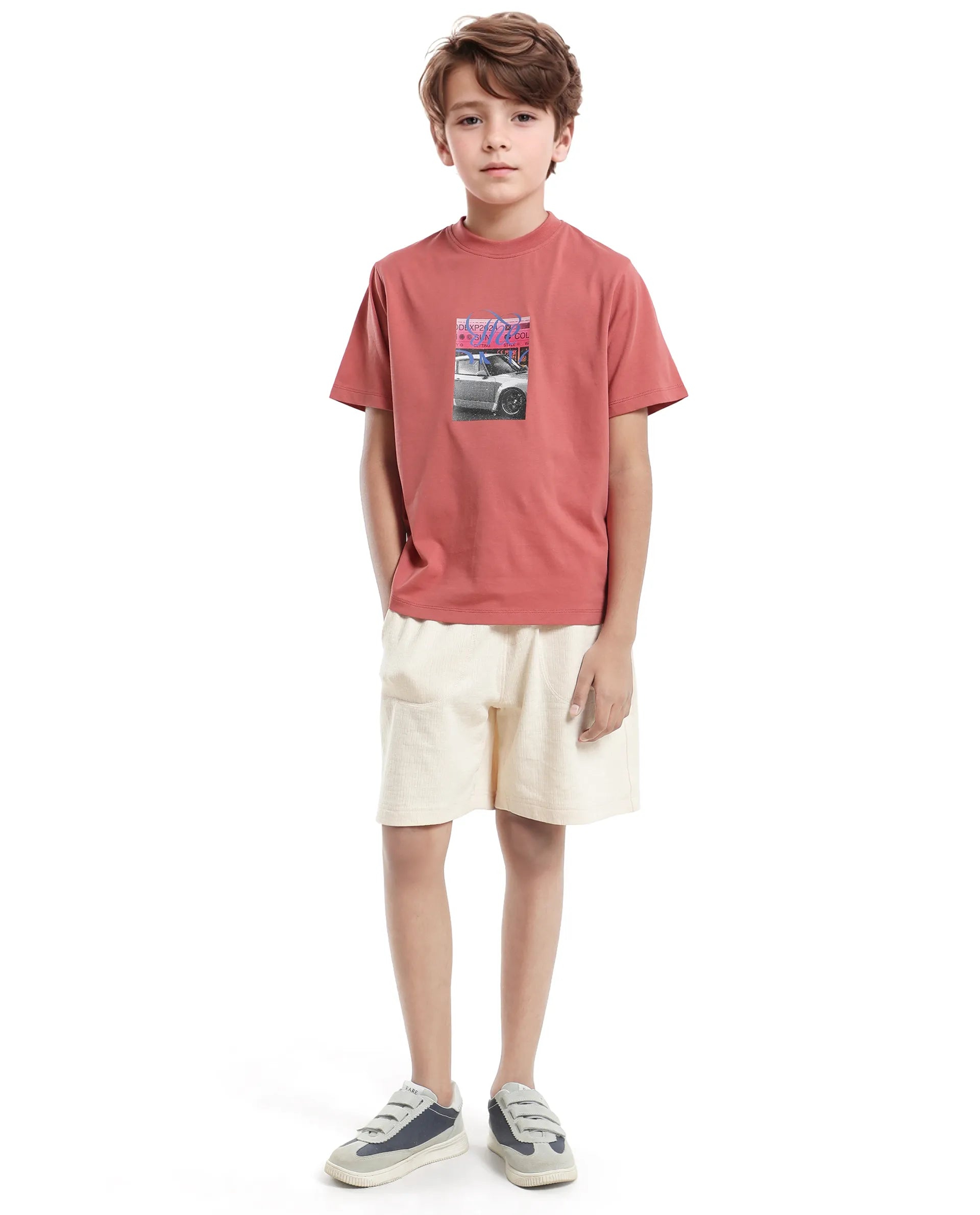 Rare Ones Kids Just-K Light Red Cotton Solid Slip-On Regular Fit T-Shirt