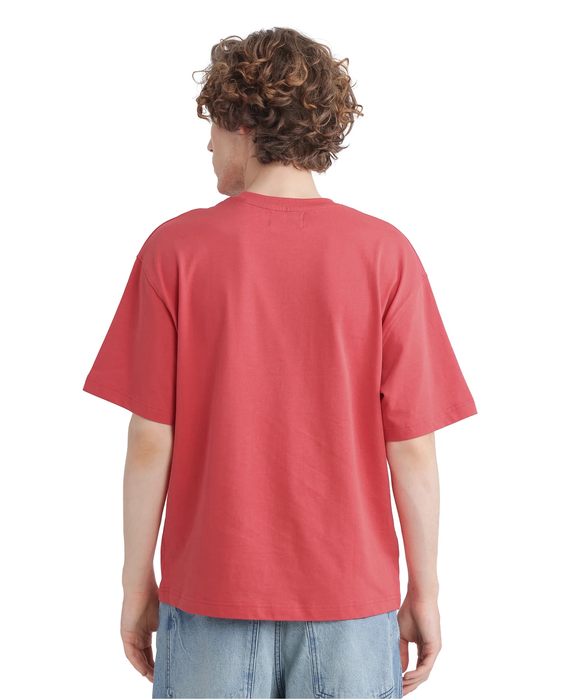 Rare Rabbit Men Just Light Red Cotton Fabric Short Sleeve Crew Neck Boxy Fit Graphic Print T-Shirt