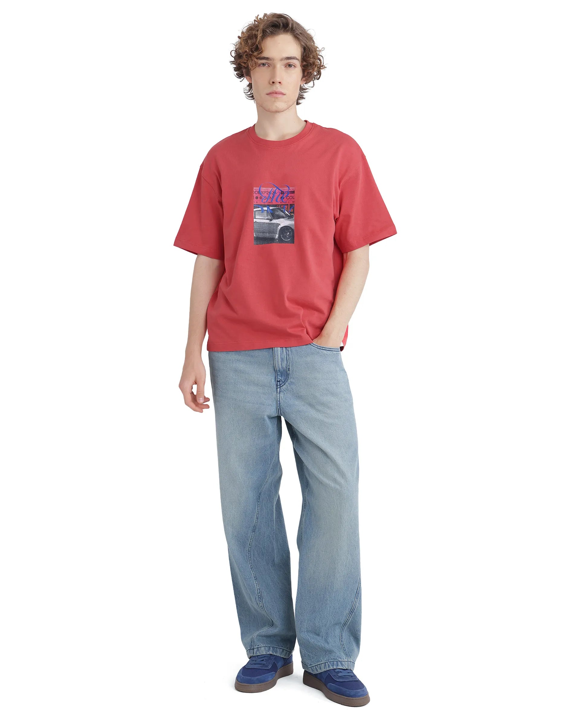 Rare Rabbit Men Just Light Red Cotton Fabric Short Sleeve Crew Neck Boxy Fit Graphic Print T-Shirt