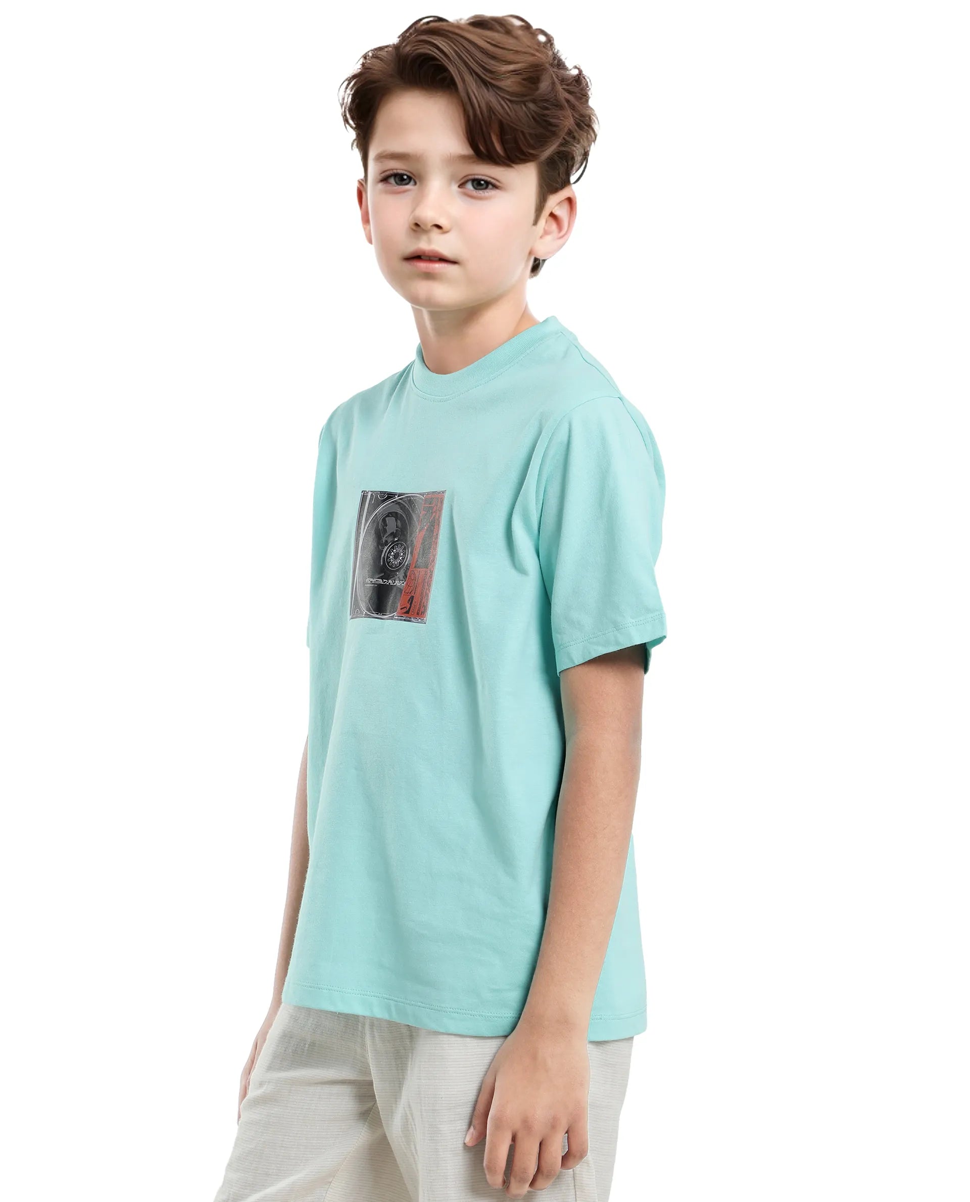 Rare Ones Kids Justr-K Pastel Turq Cotton Graphic Printed Slip-On Regular Fit T-Shirt