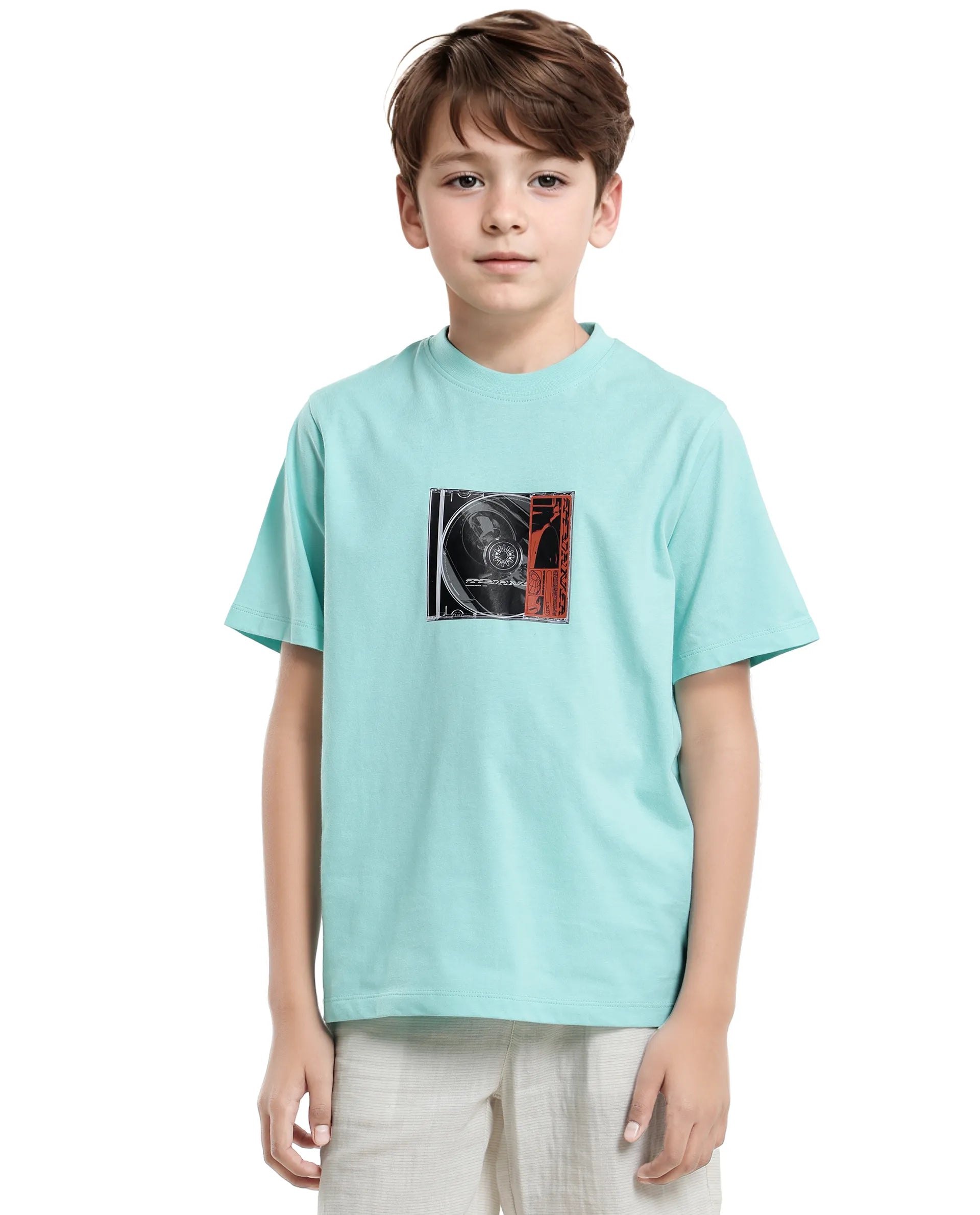 Rare Ones Kids Justr-K Pastel Turq Cotton Graphic Printed Slip-On Regular Fit T-Shirt