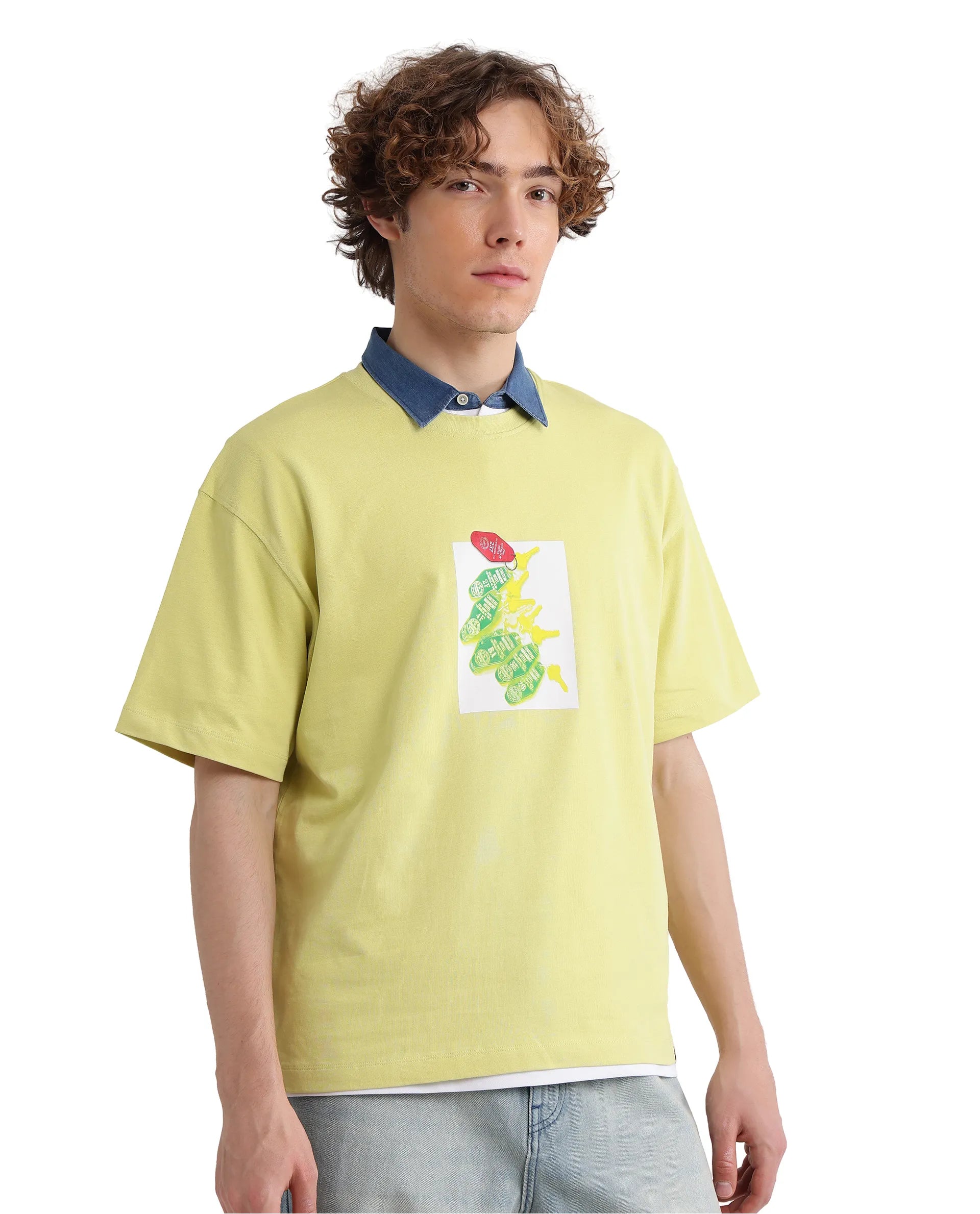 Rare Rabbit Men Just Light Yellow Cotton Fabric Short Sleeve Crew Neck Boxy Fit Graphic Print T-Shirt