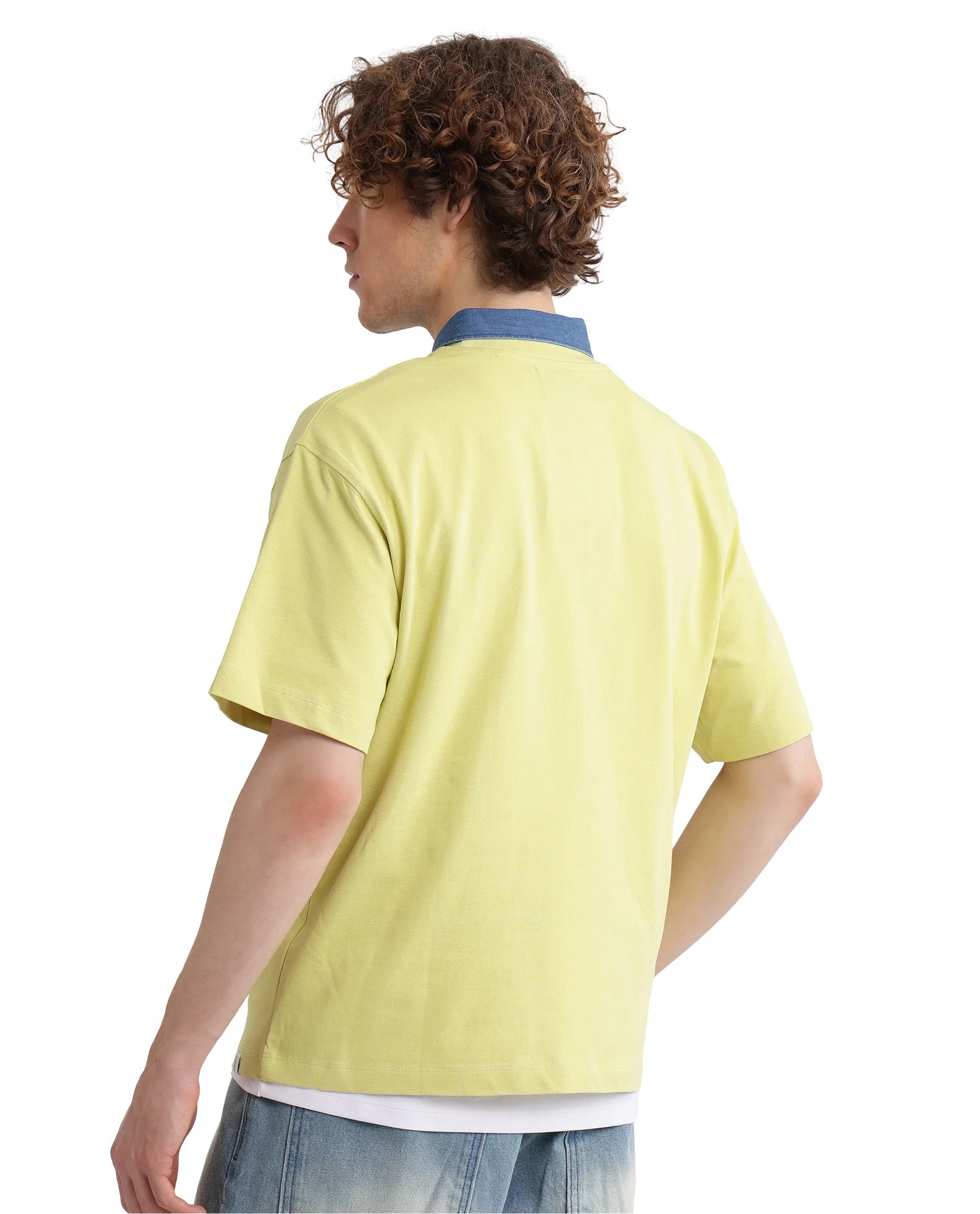 Rare Rabbit Men Just Light Yellow Cotton Fabric Short Sleeve Crew Neck Boxy Fit Graphic Print T-Shirt