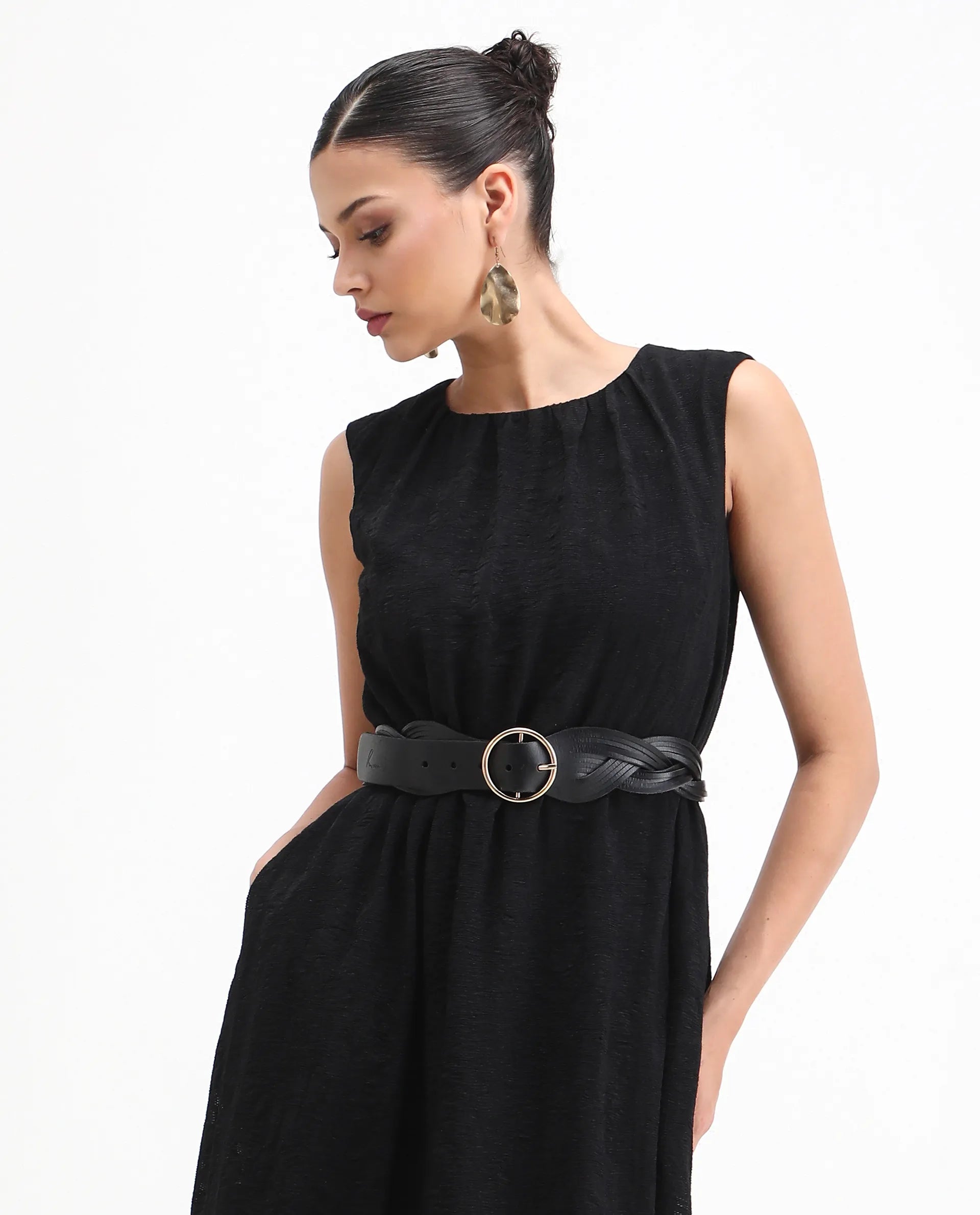 Rareism Women's Juten Black Nylon Blend Sleeveless Crew Neck Flared Fit Plain Dress