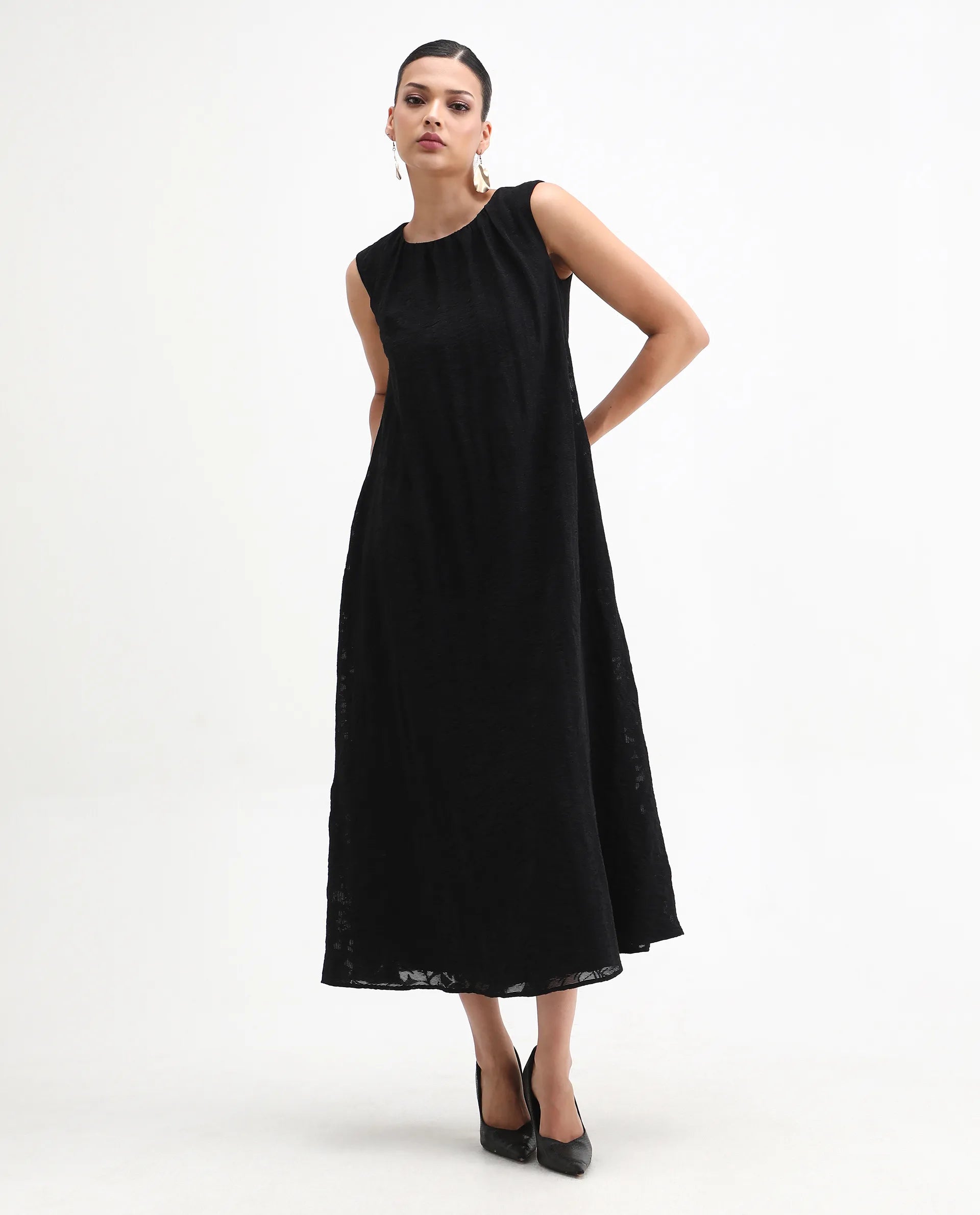 Rareism Women's Juten Black Nylon Blend Sleeveless Crew Neck Flared Fit Plain Dress