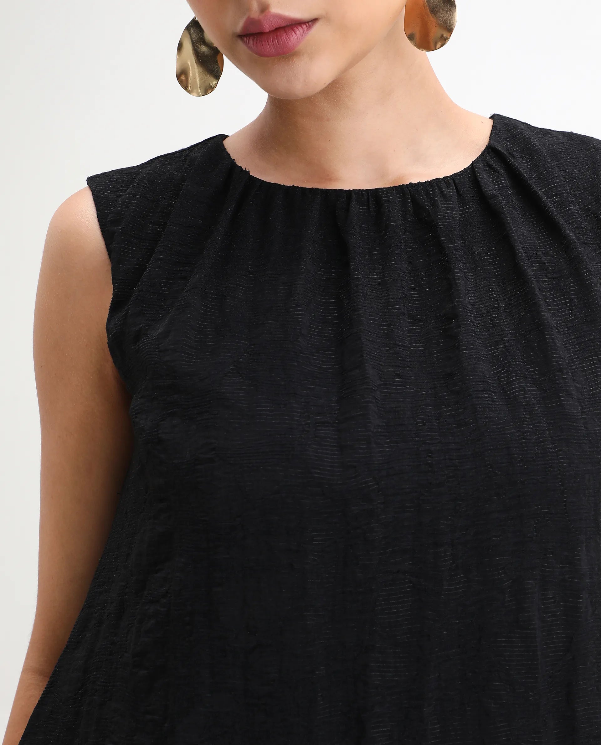 Rareism Women's Juten Black Nylon Blend Sleeveless Crew Neck Flared Fit Plain Dress