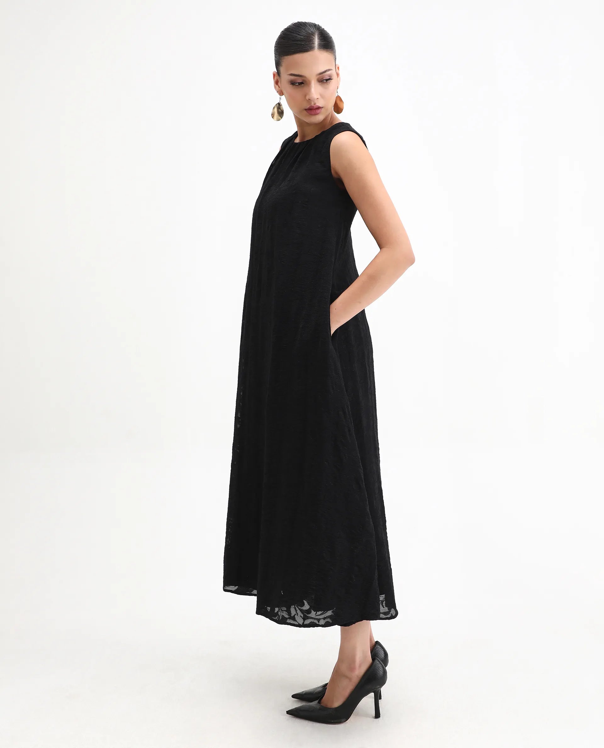 Rareism Women's Juten Black Nylon Blend Sleeveless Crew Neck Flared Fit Plain Dress