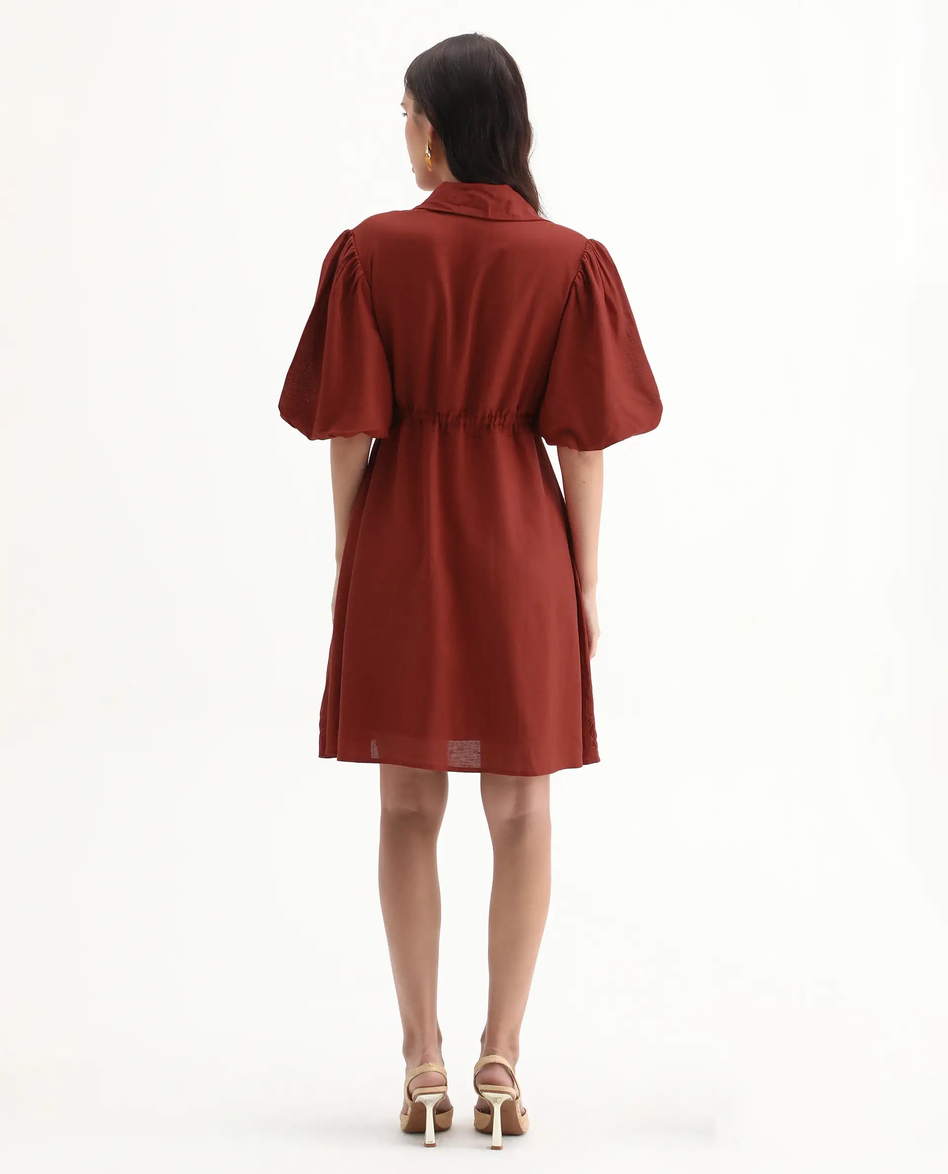 Rareism Women's Juvix Rust Viscose Blend Jonny Collar Fit And Flare Plain Dress